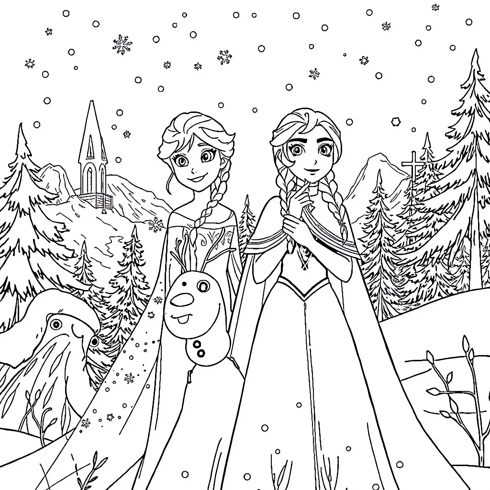 Snow Queen Sisters in Snowy Wonderland Coloring Page (free black-and-white line drawing printable PDF for all, from beginners to advanced learners, including children, teens, adults, and seniors)