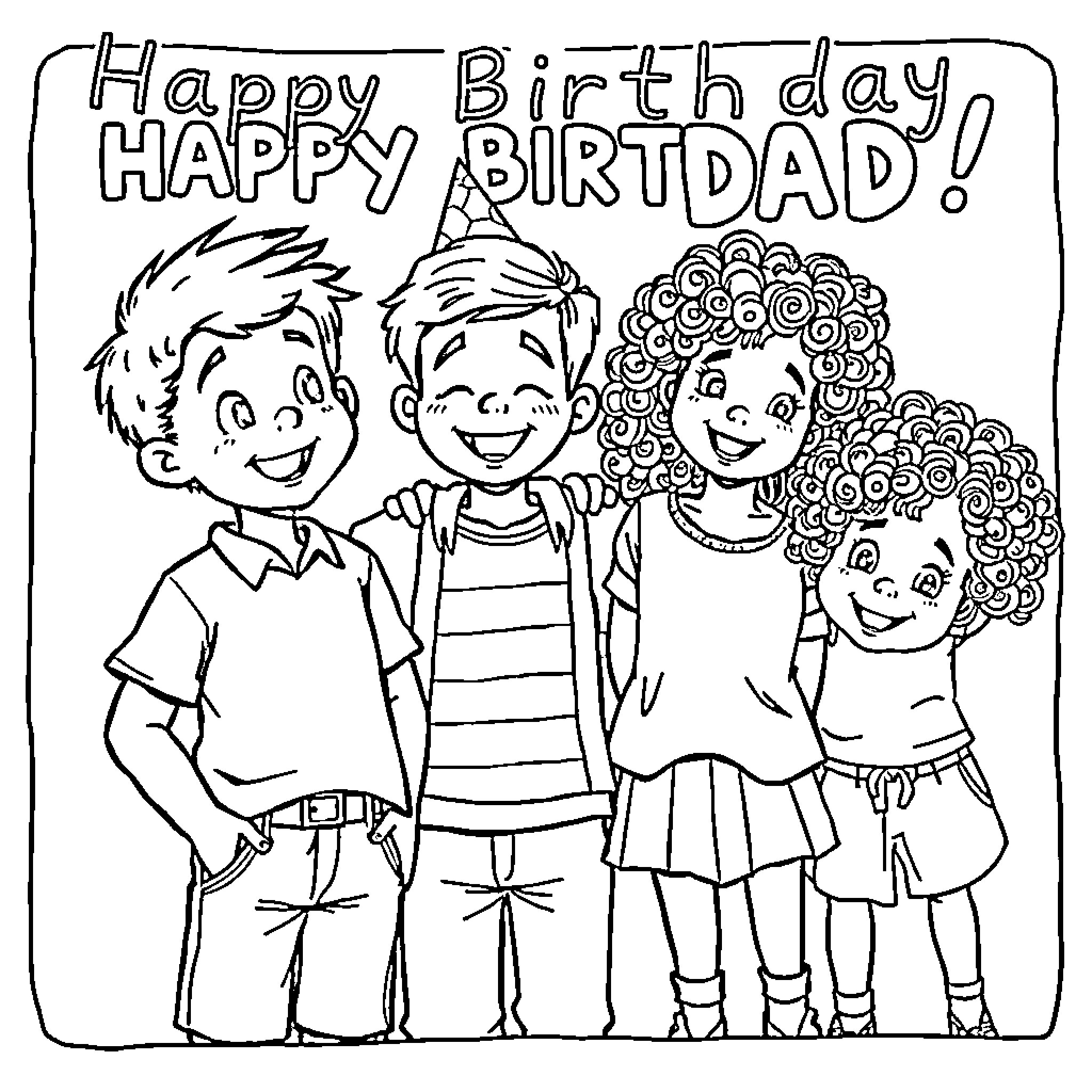 Boy and Girl Celebrating a Happy Birthday Coloring Page (free black-and-white line drawing printable PDF for all, from beginners to advanced learners, including children, teens, adults, and seniors)