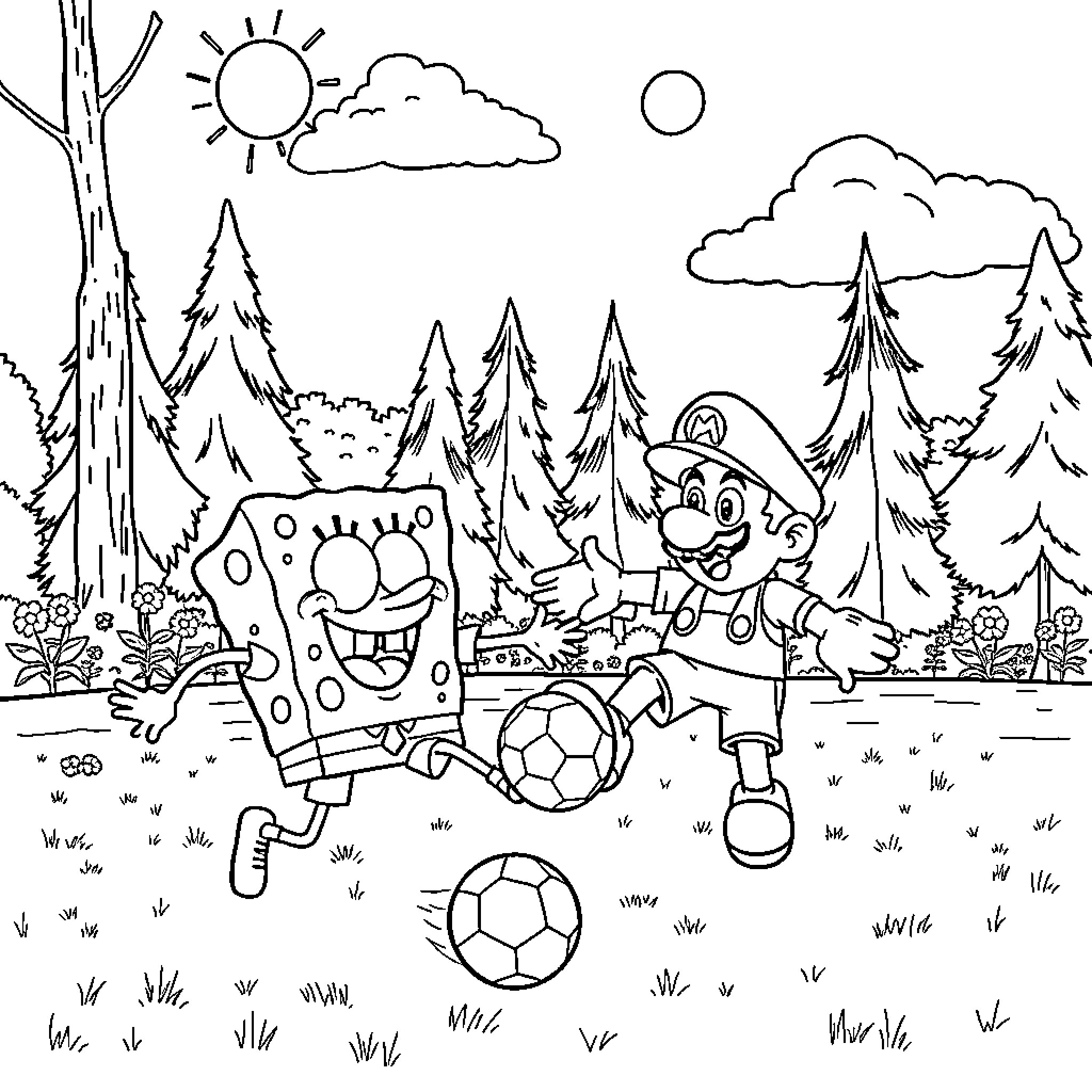 Spongebob playing soccer outdoors in nature Coloring Page (free black-and-white line drawing printable PDF for all, from beginners to advanced learners, including children, teens, adults, and seniors)