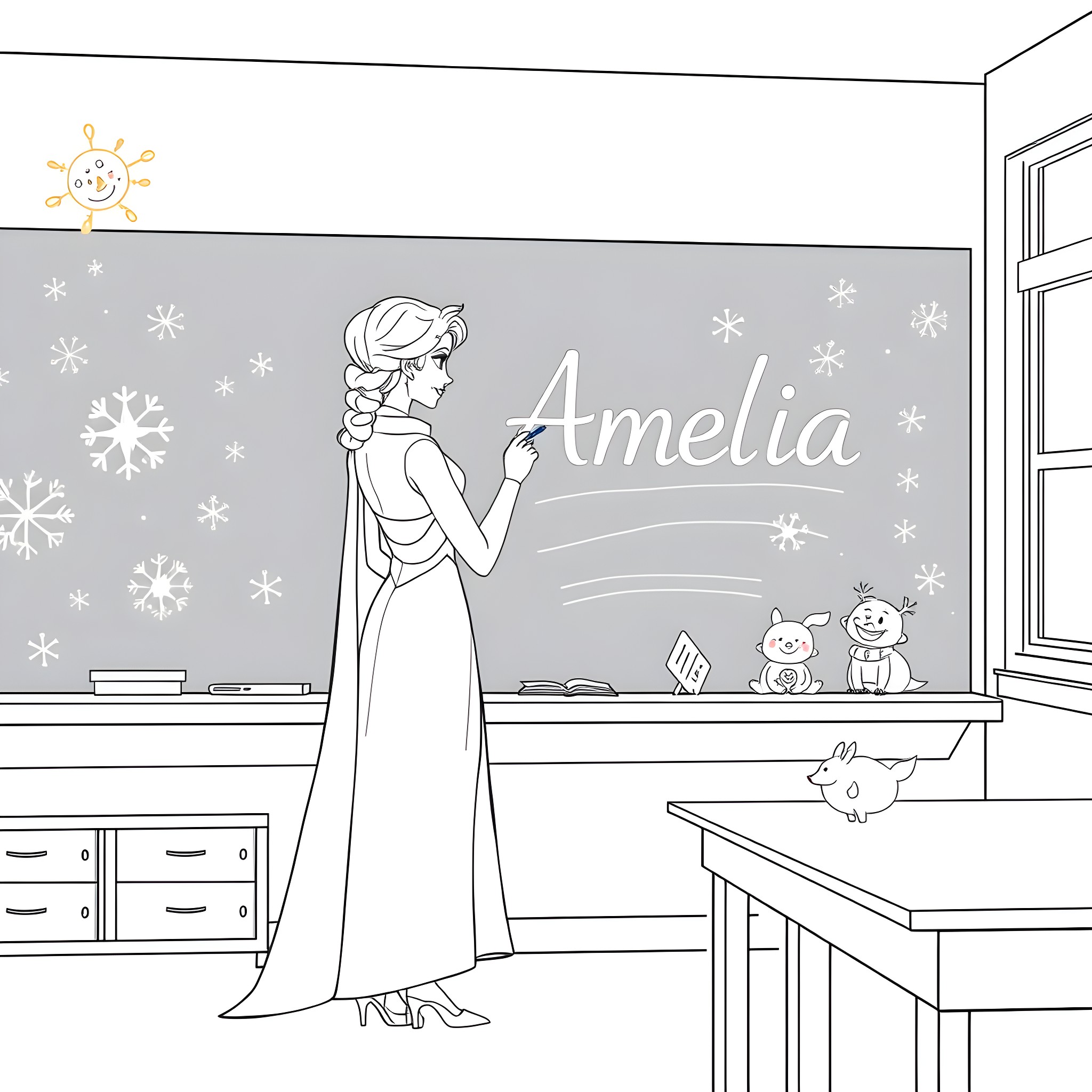 Elsa admiring the snowflakes in her bedroom Coloring Page (free black-and-white line drawing printable PDF for all, from beginners to advanced learners, including children, teens, adults, and seniors)
