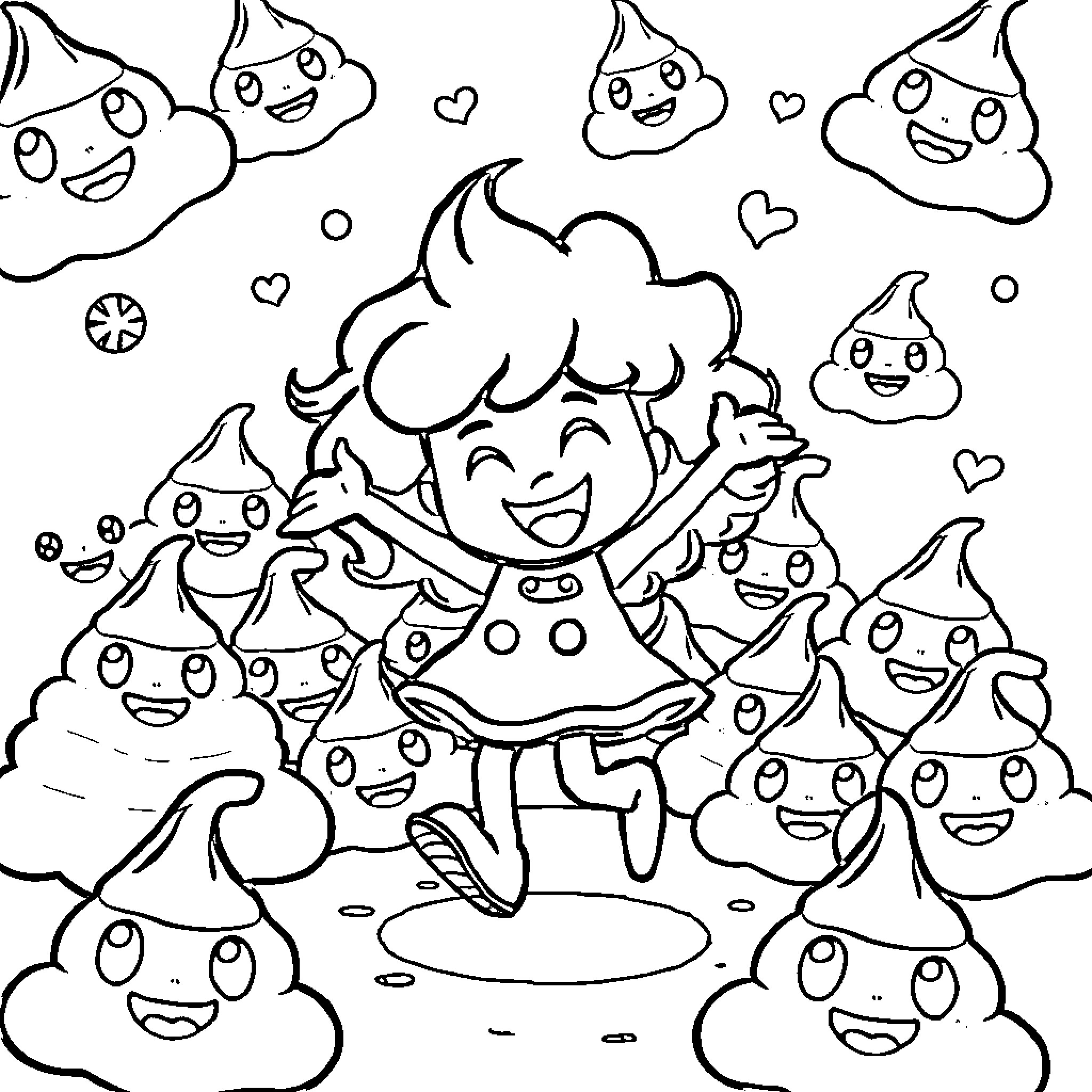 Poo party with happy characters Coloring Page (free black-and-white line drawing printable PDF for all, from beginners to advanced learners, including children, teens, adults, and seniors)