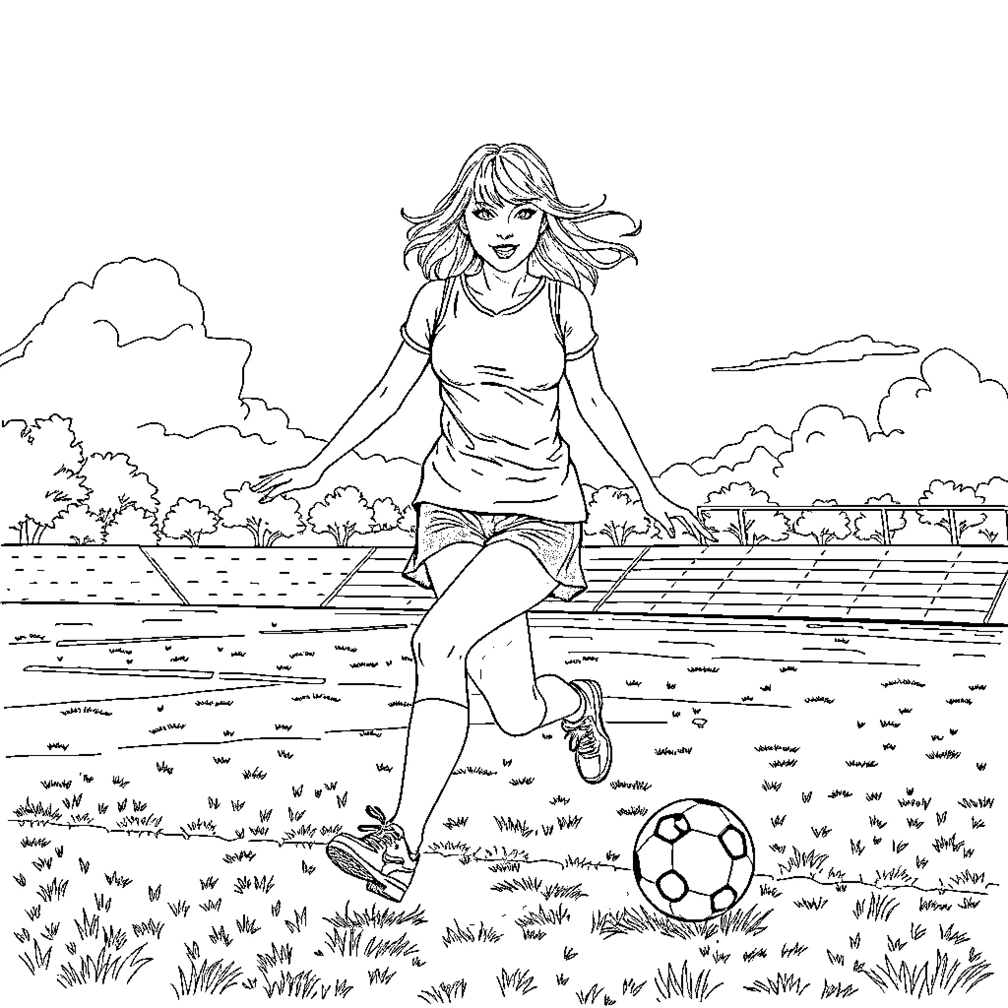 Taylor Swift playing with a soccer ball in the park Coloring Page (free black-and-white line drawing printable PDF for all, from beginners to advanced learners, including children, teens, adults, and seniors)