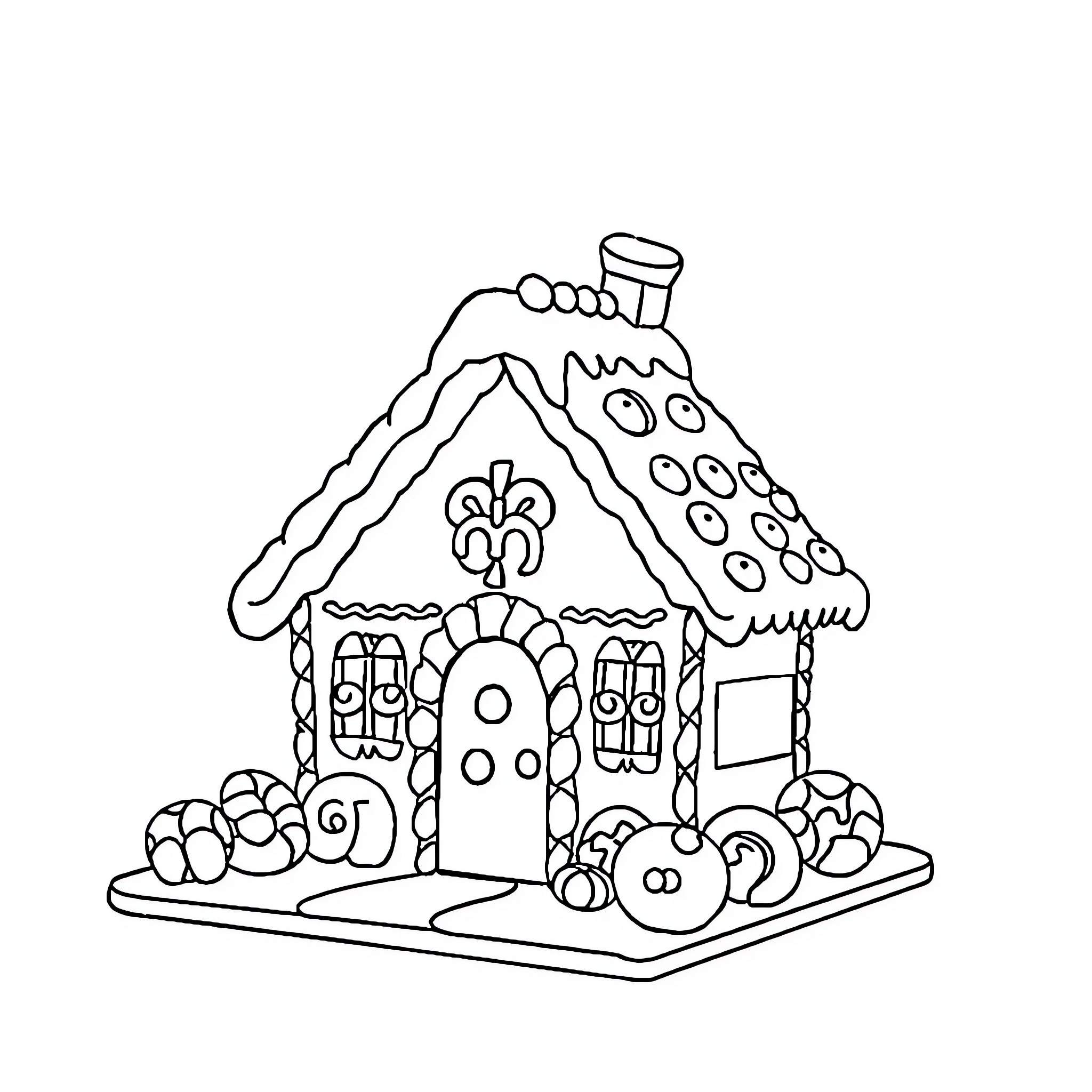 Gingerbread House with Decorative Designs Coloring Page (free black-and-white line drawing printable PDF for all, from beginners to advanced learners, including children, teens, adults, and seniors)