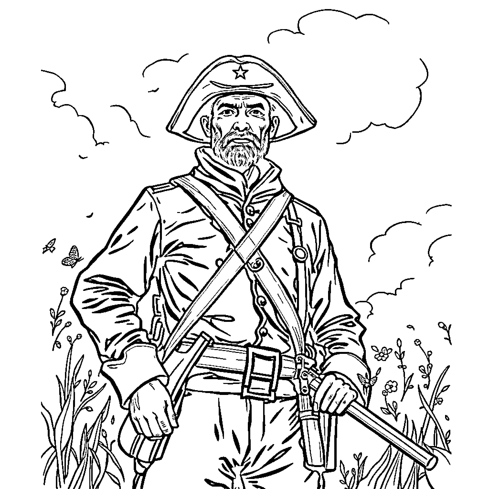 Soldier Standing Firmly in the Field Coloring Page (free black-and-white line drawing printable PDF for all, from beginners to advanced learners, including children, teens, adults, and seniors)