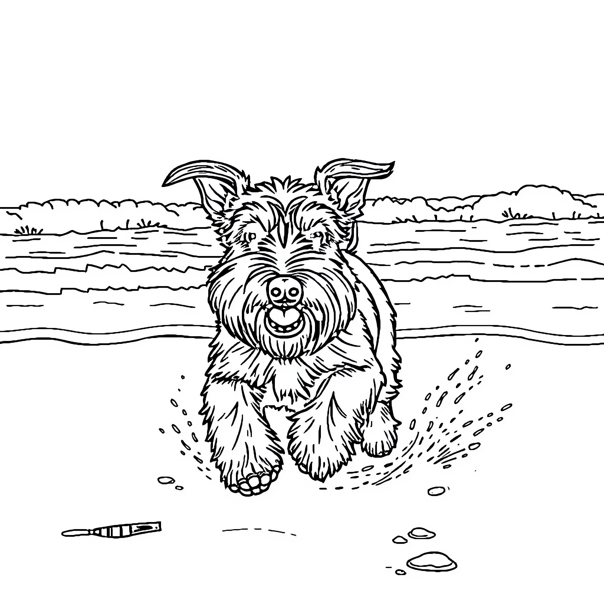 Schnauzer playfully running on the beach Coloring Page (free black-and-white line drawing printable PDF for all, from beginners to advanced learners, including children, teens, adults, and seniors)
