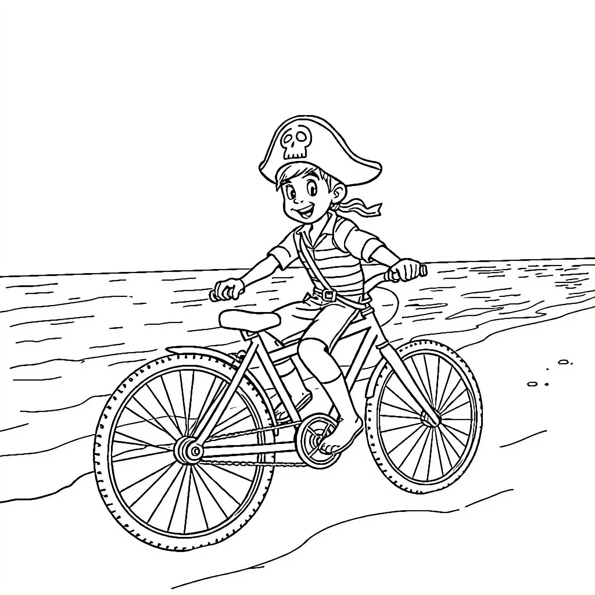 Jack's Pirate Bicycle Adventure Coloring Page (free black-and-white line drawing printable PDF for all, from beginners to advanced learners, including children, teens, adults, and seniors)
