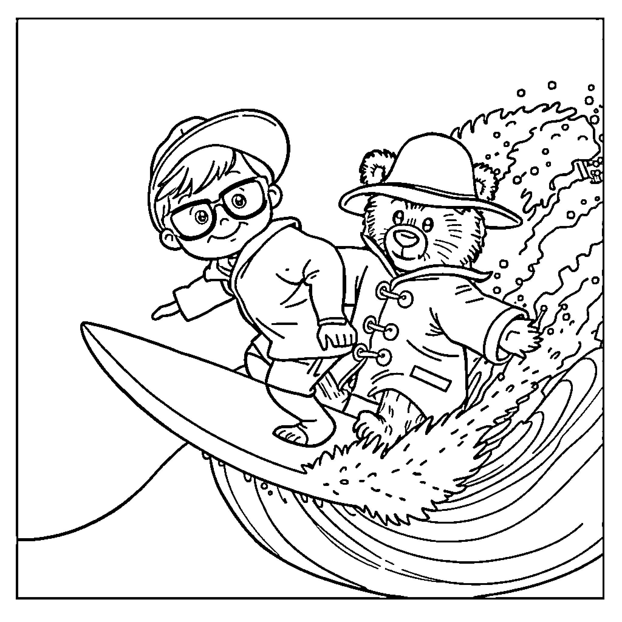 Boy surfs on large wave with stuffed animal Coloring Page (free black-and-white line drawing printable PDF for all, from beginners to advanced learners, including children, teens, adults, and seniors)