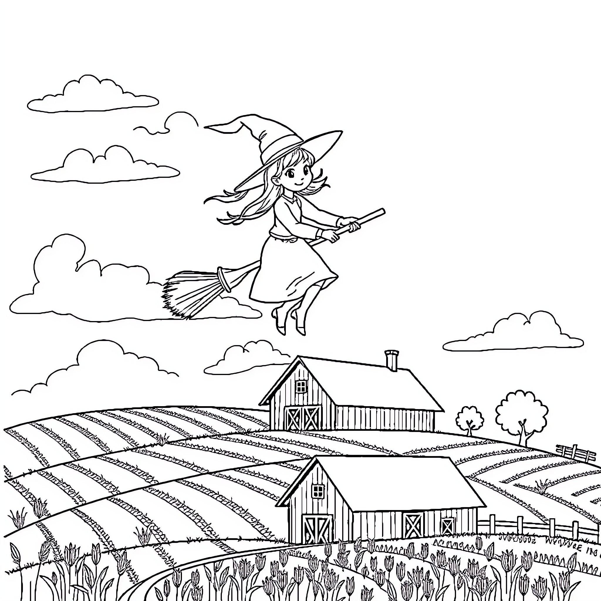 Witch flying over a rural farmhouse landscape Coloring Page (free black-and-white line drawing printable PDF for all, from beginners to advanced learners, including children, teens, adults, and seniors)