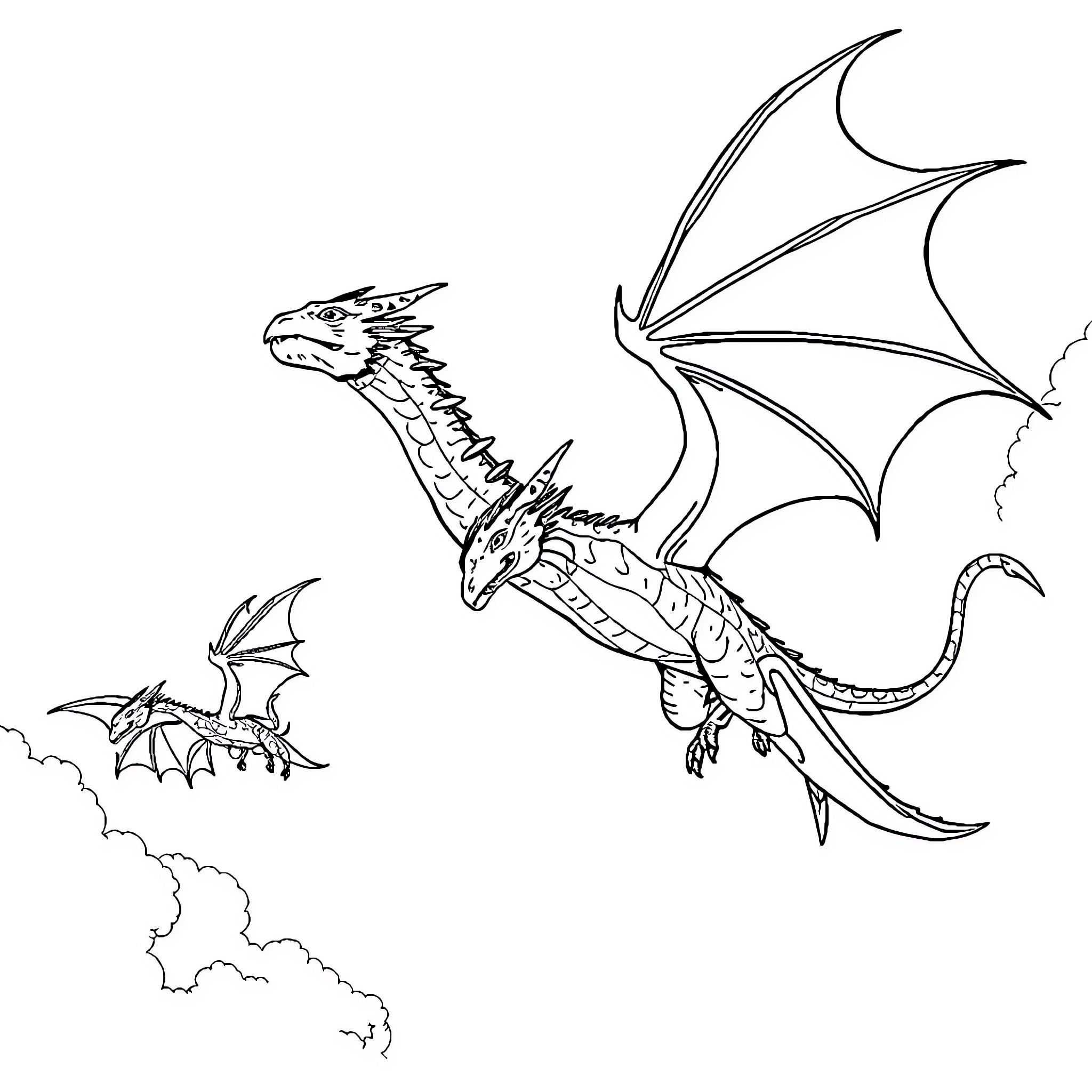 Dragons soaring through the cloudy skies Coloring Page (free black-and-white line drawing printable PDF for all, from beginners to advanced learners, including children, teens, adults, and seniors)
