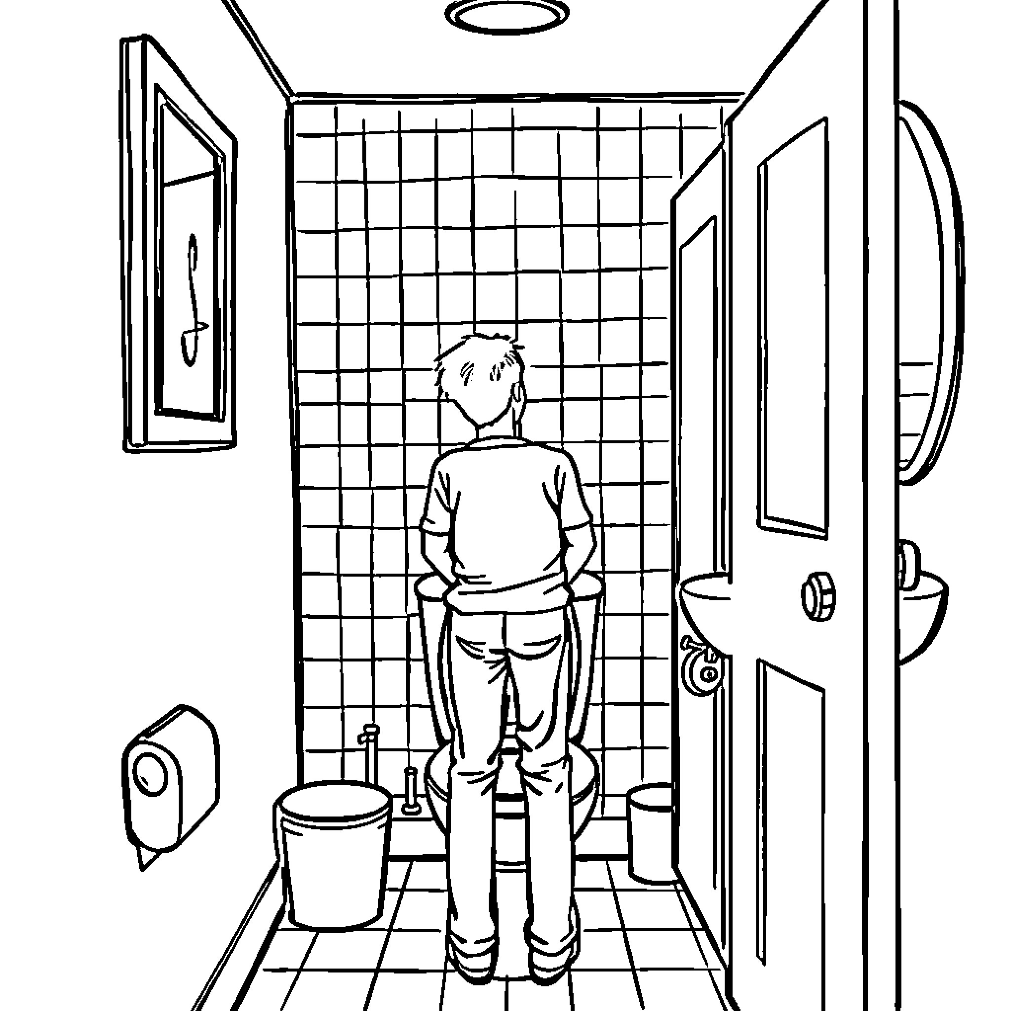 Man in bathroom with tiles Coloring Page (free black-and-white line drawing printable PDF for all, from beginners to advanced learners, including children, teens, adults, and seniors)