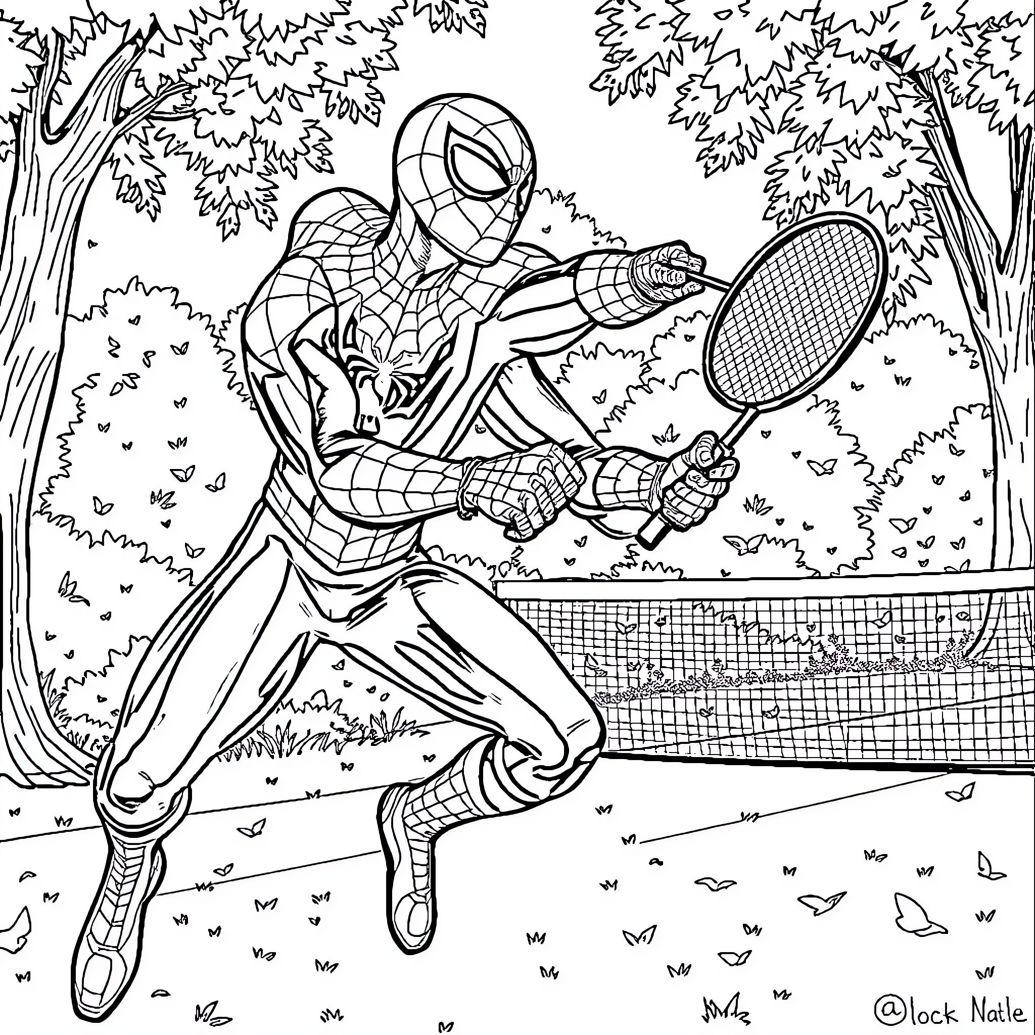 Spiderman playing tennis in a forest Coloring Page (free black-and-white line drawing printable PDF for all, from beginners to advanced learners, including children, teens, adults, and seniors)