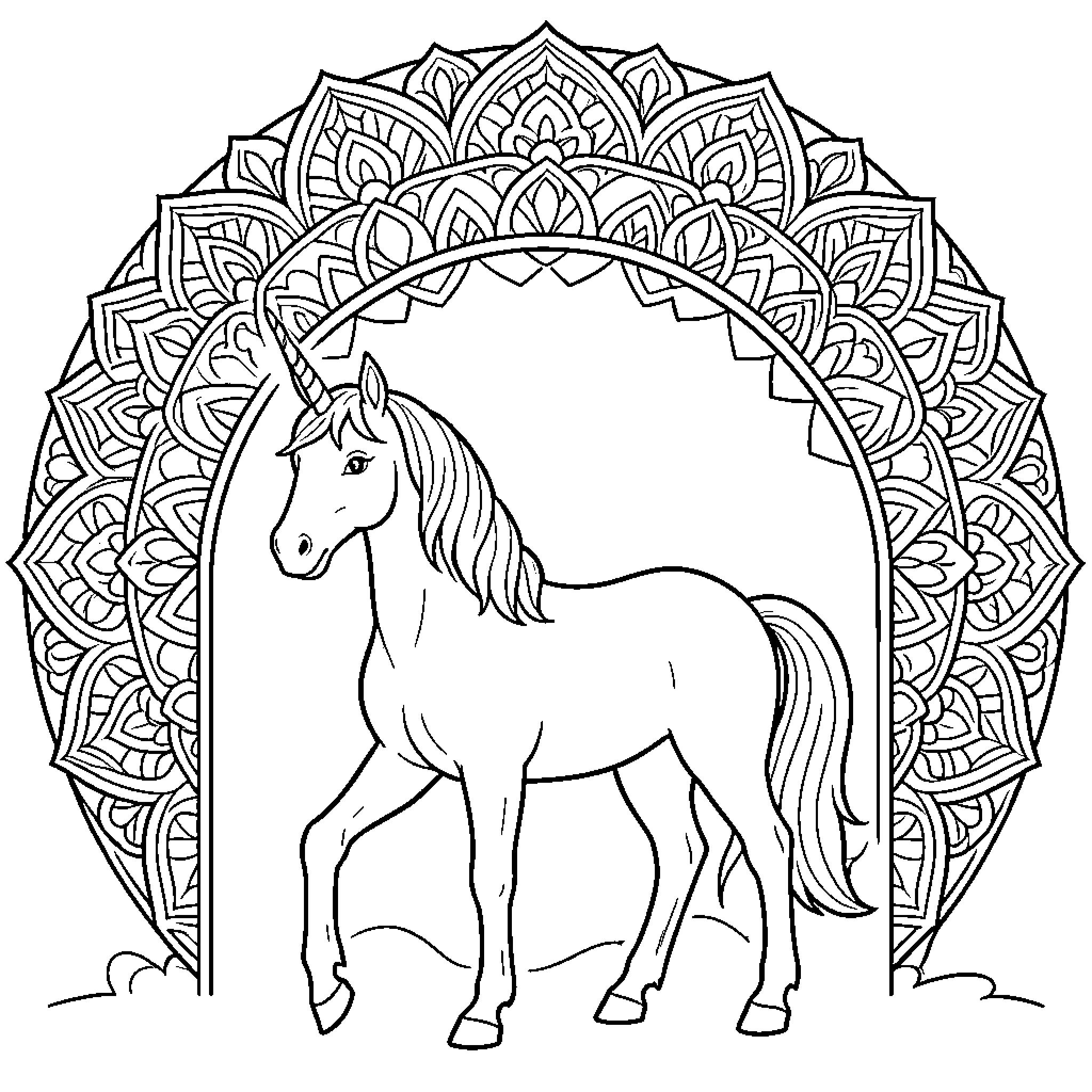 Unicorn standing gracefully in front of a mandala Coloring Page (free black-and-white line drawing printable PDF for all, from beginners to advanced learners, including children, teens, adults, and seniors)