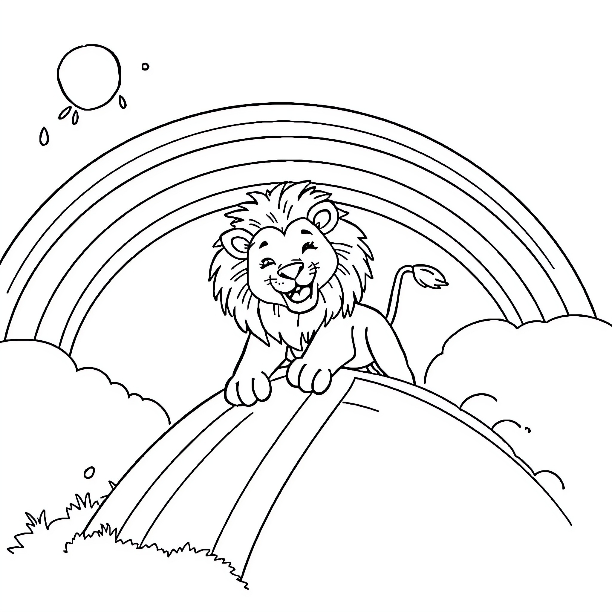 Lion sitting on a hill with a rainbow Coloring Page (free black-and-white line drawing printable PDF for all, from beginners to advanced learners, including children, teens, adults, and seniors)