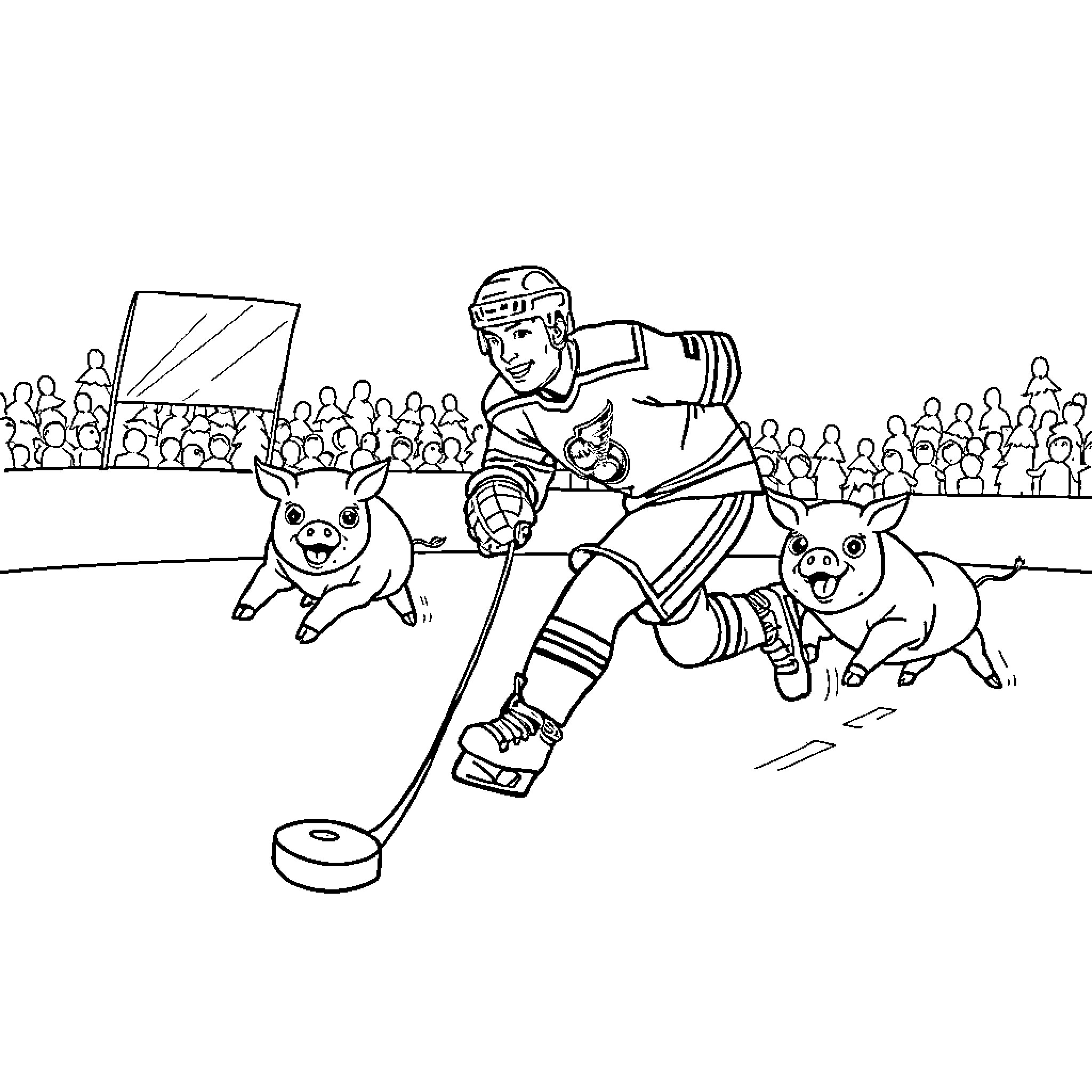 Olli Jokinen playing hockey with pigs on ice rink Coloring Page (free black-and-white line drawing printable PDF for all, from beginners to advanced learners, including children, teens, adults, and seniors)
