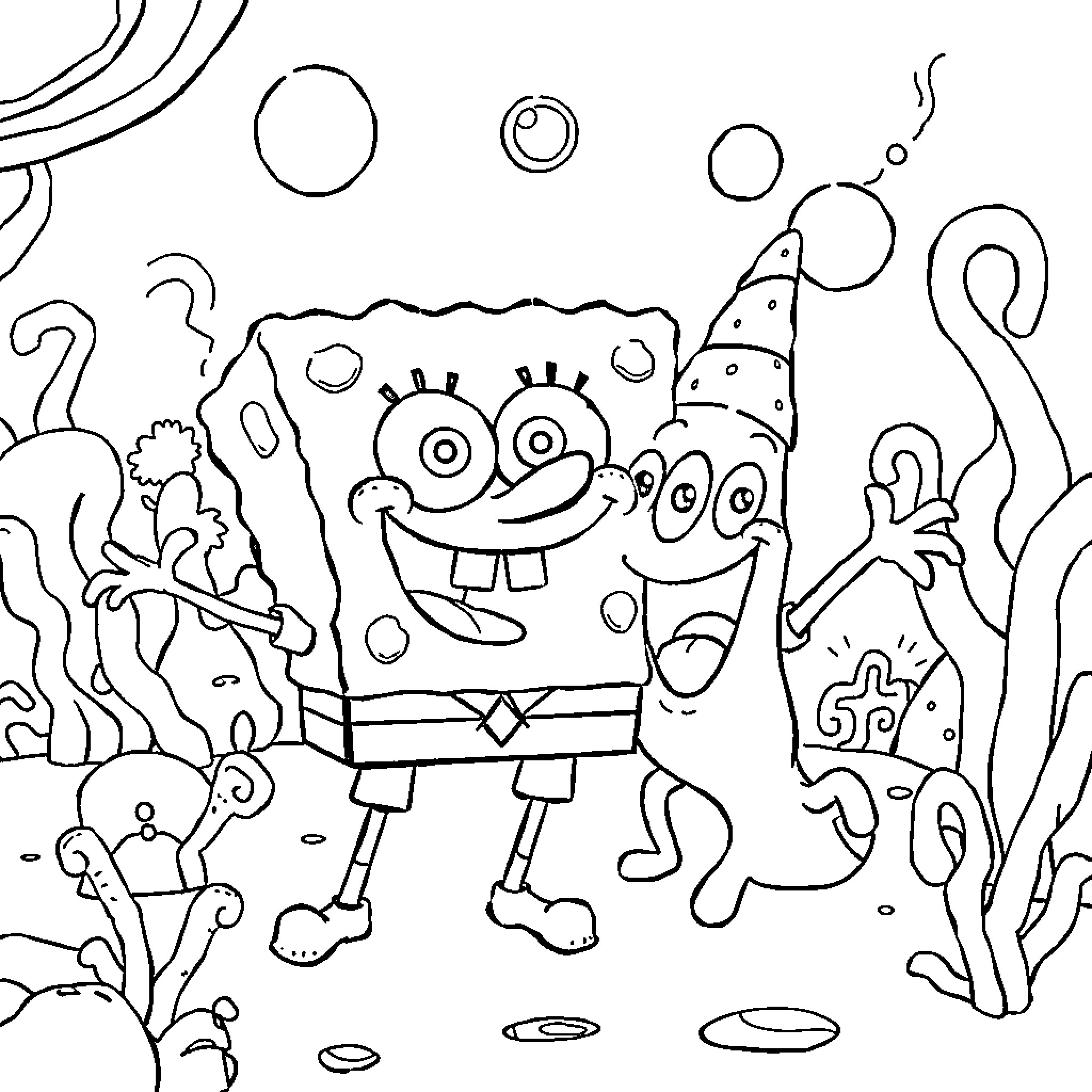 Spongebob's Whimsical Underwater Adventure Coloring Page (free black-and-white line drawing printable PDF for all, from beginners to advanced learners, including children, teens, adults, and seniors)