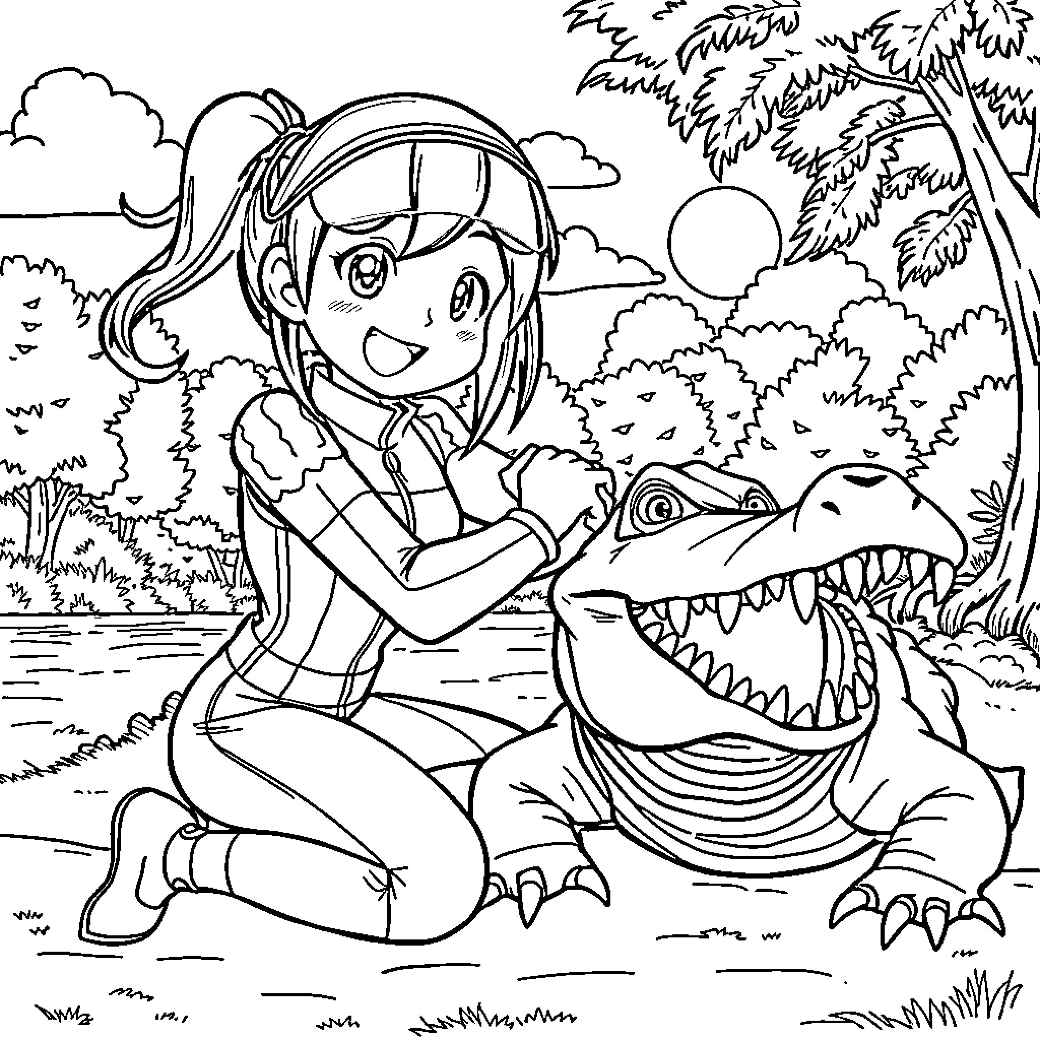 Umamusume's Friendly Encounter with a Ferocious Creature Coloring Page (free black-and-white line drawing printable PDF for all, from beginners to advanced learners, including children, teens, adults, and seniors)