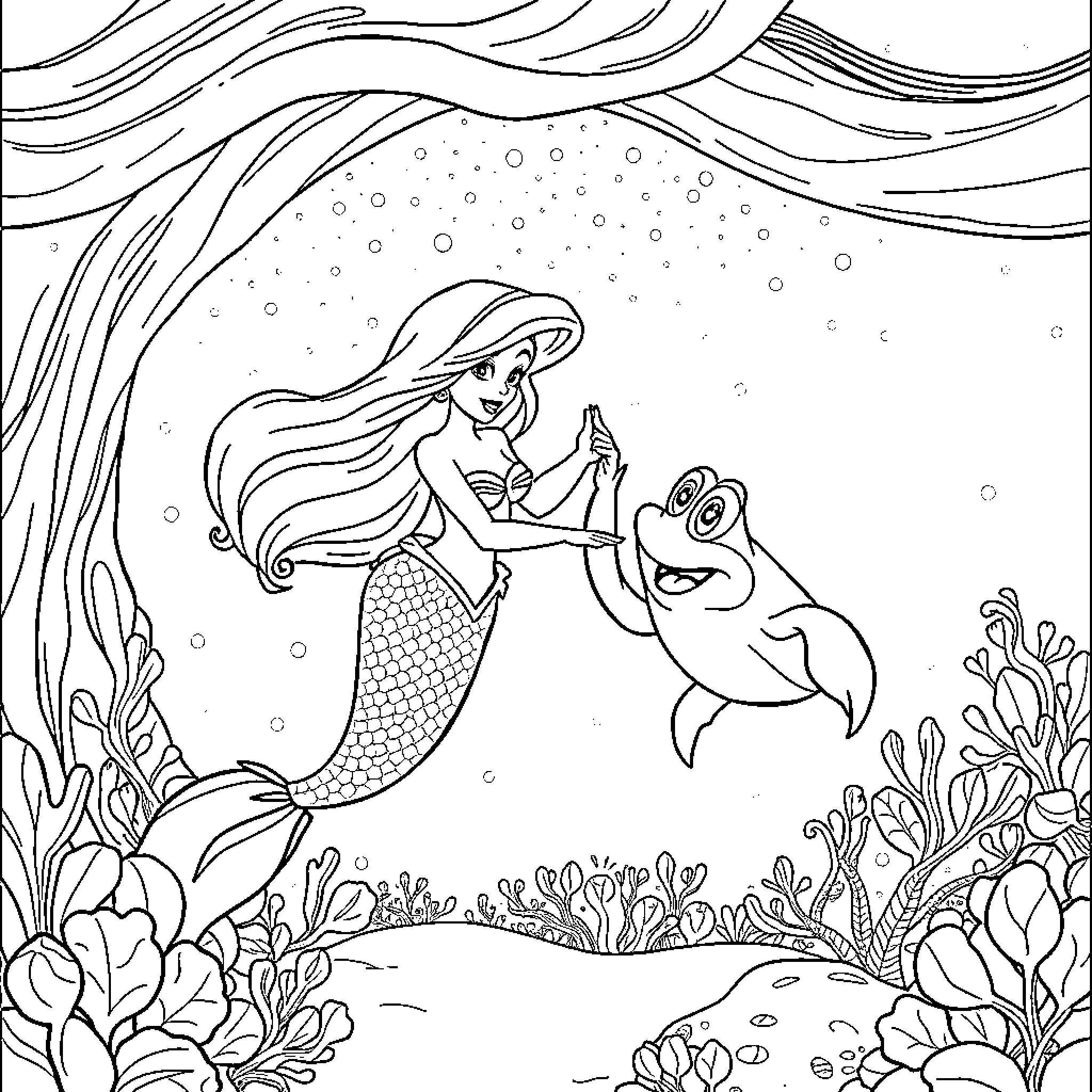 Mermaid interacting with a friendly sea creature Coloring Page (free black-and-white line drawing printable PDF for all, from beginners to advanced learners, including children, teens, adults, and seniors)