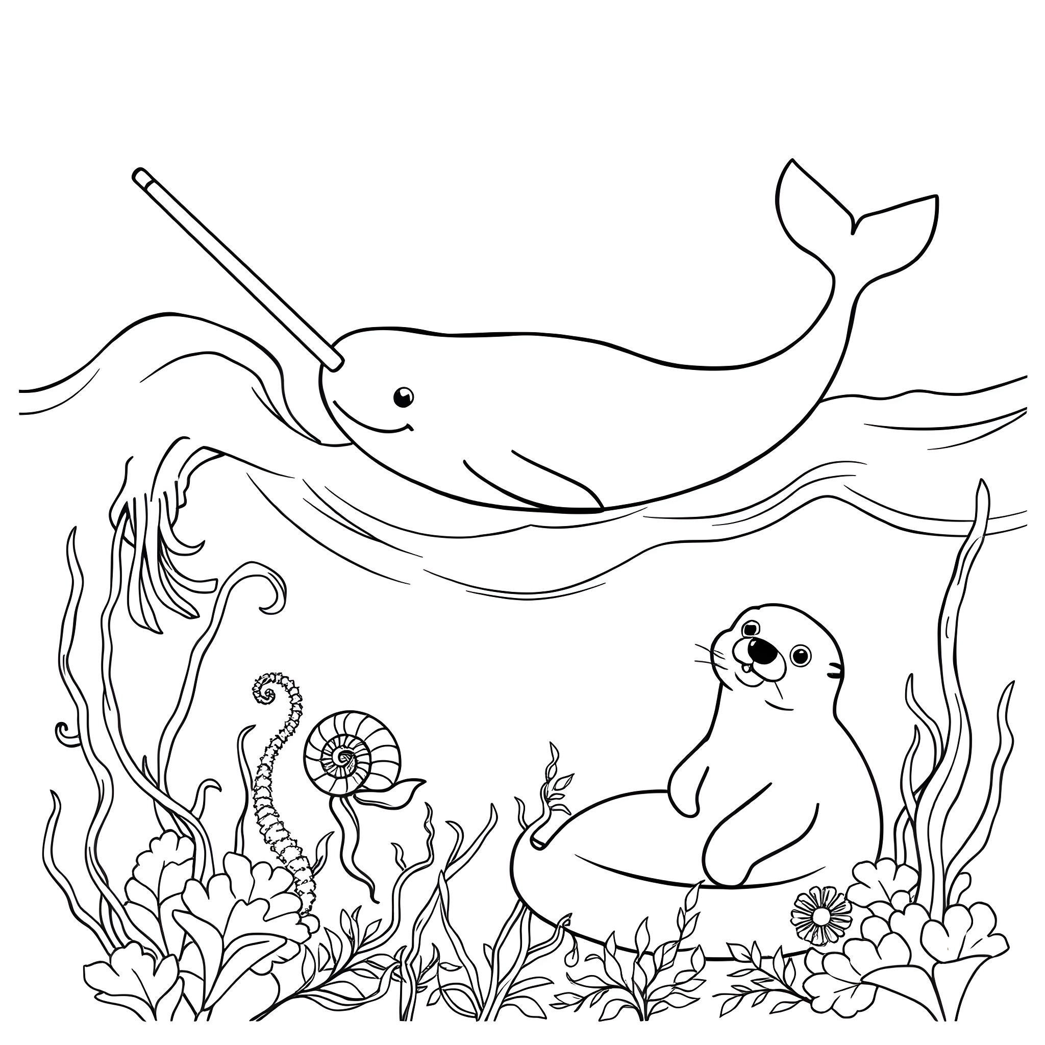 Narwhal and seal playing in the ocean Coloring Page (free black-and-white line drawing printable PDF for all, from beginners to advanced learners, including children, teens, adults, and seniors)