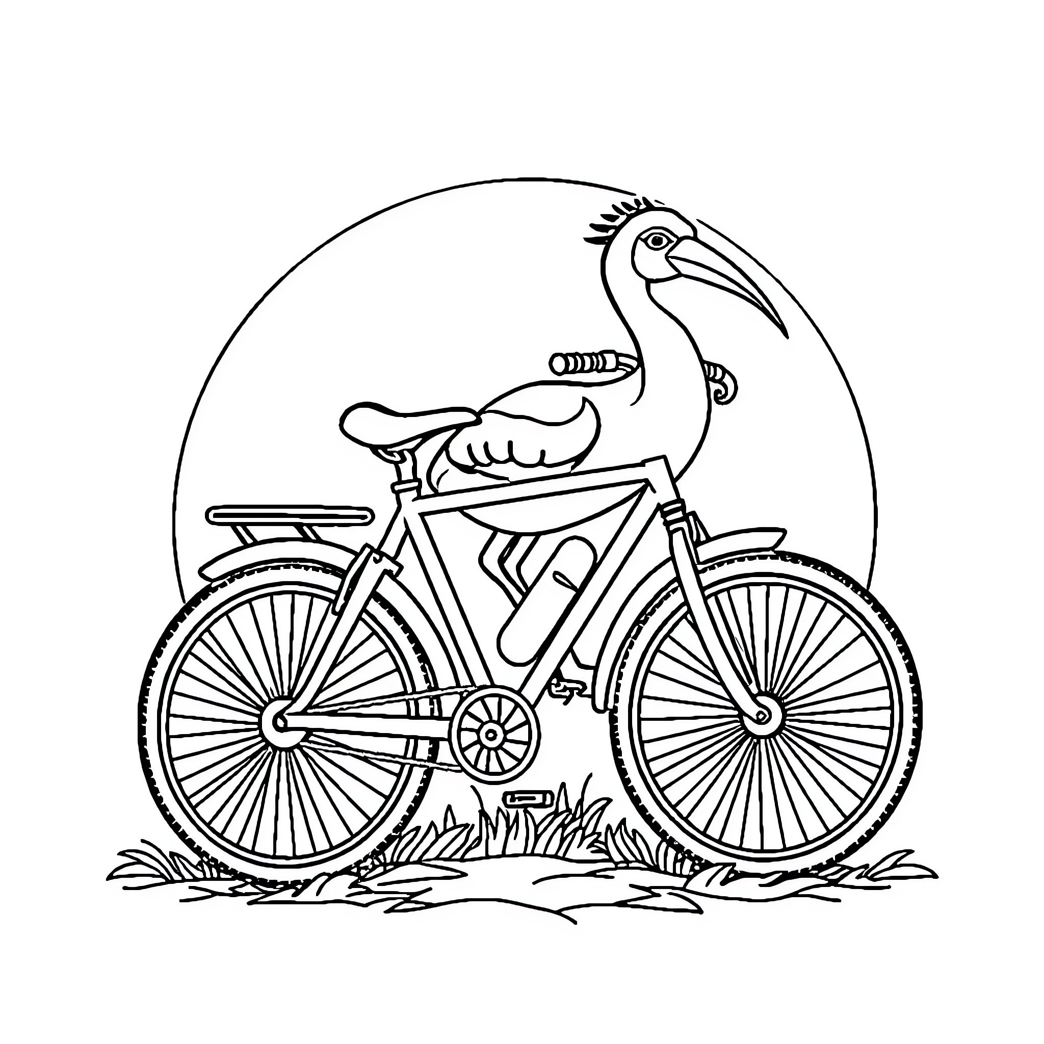 Ibis riding a vintage bicycle in nature Coloring Page (free black-and-white line drawing printable PDF for all, from beginners to advanced learners, including children, teens, adults, and seniors)