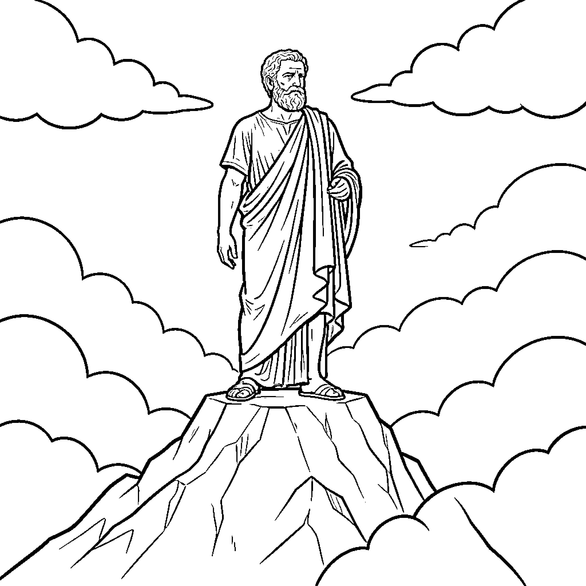 Marcus Aurelius standing atop a mountain in contemplation Coloring Page (free black-and-white line drawing printable PDF for all, from beginners to advanced learners, including children, teens, adults, and seniors)