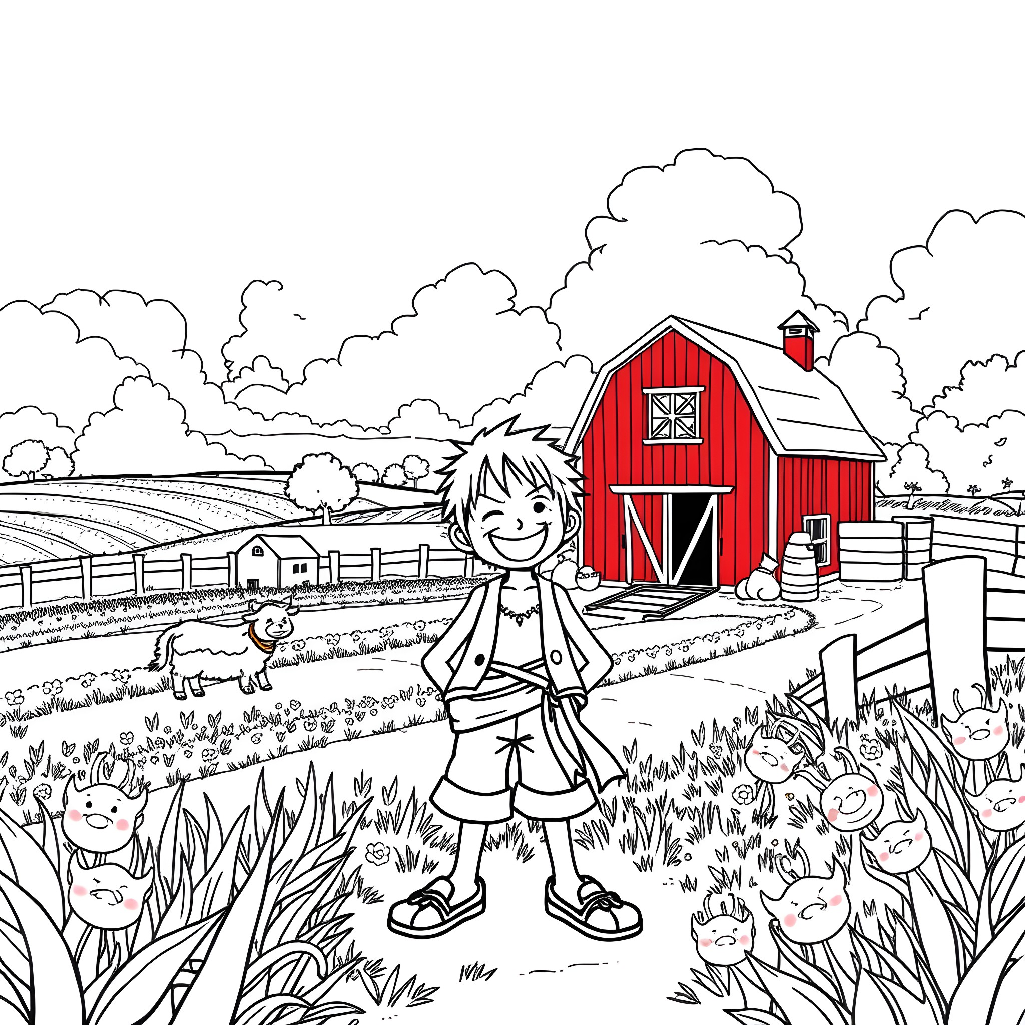 Monkey D Luffy exploring the vibrant countryside Coloring Page (free black-and-white line drawing printable PDF for all, from beginners to advanced learners, including children, teens, adults, and seniors)