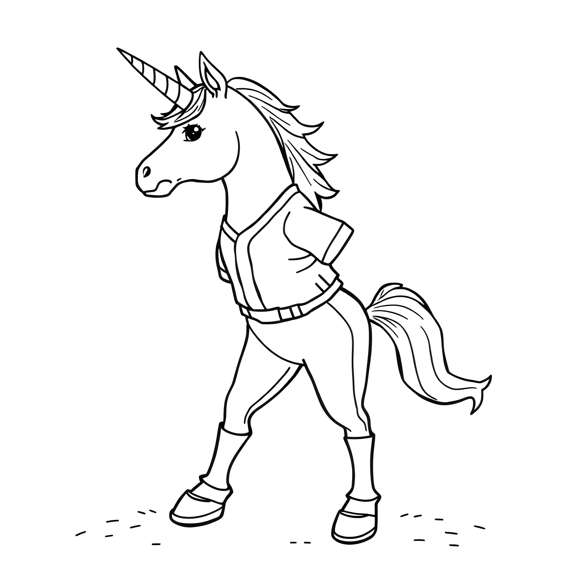 Unicorn walking with confidence Coloring Page (free black-and-white line drawing printable PDF for all, from beginners to advanced learners, including children, teens, adults, and seniors)