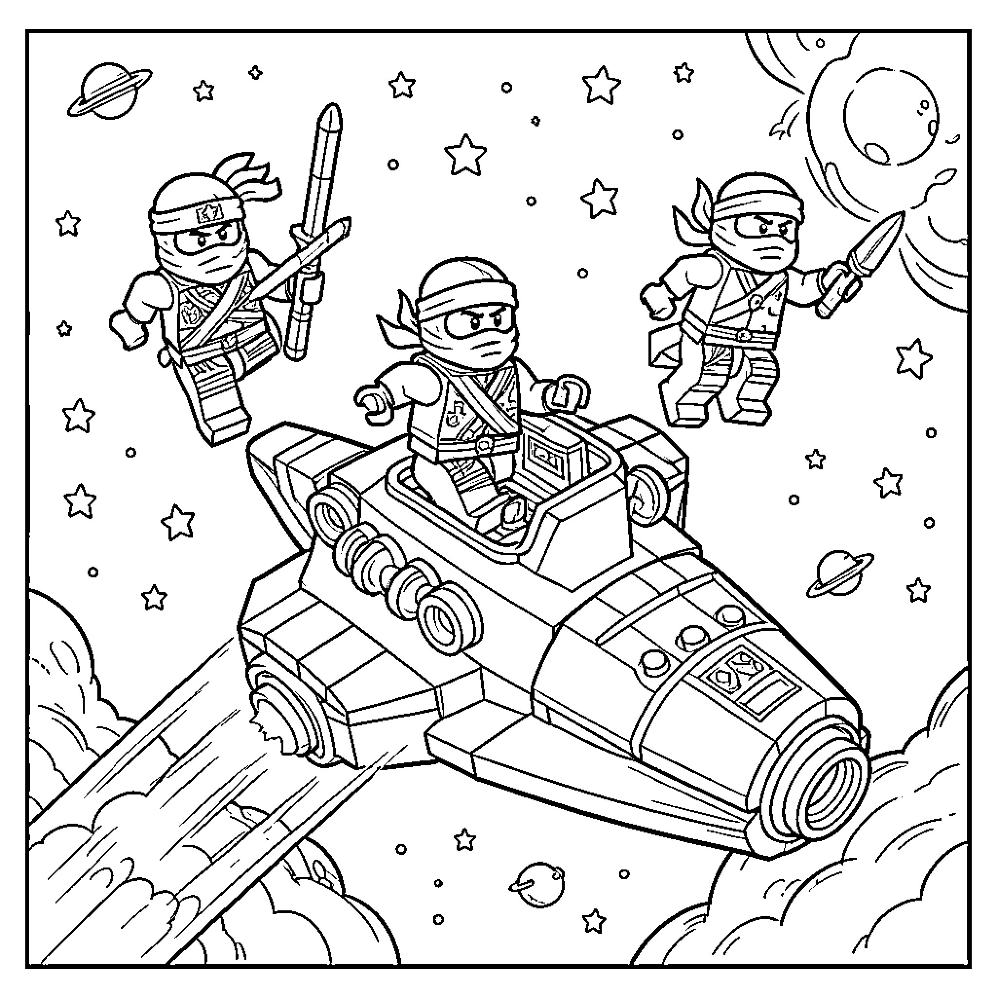 Lego Ninjago characters fighting in deep space Coloring Page (free black-and-white line drawing printable PDF for all, from beginners to advanced learners, including children, teens, adults, and seniors)