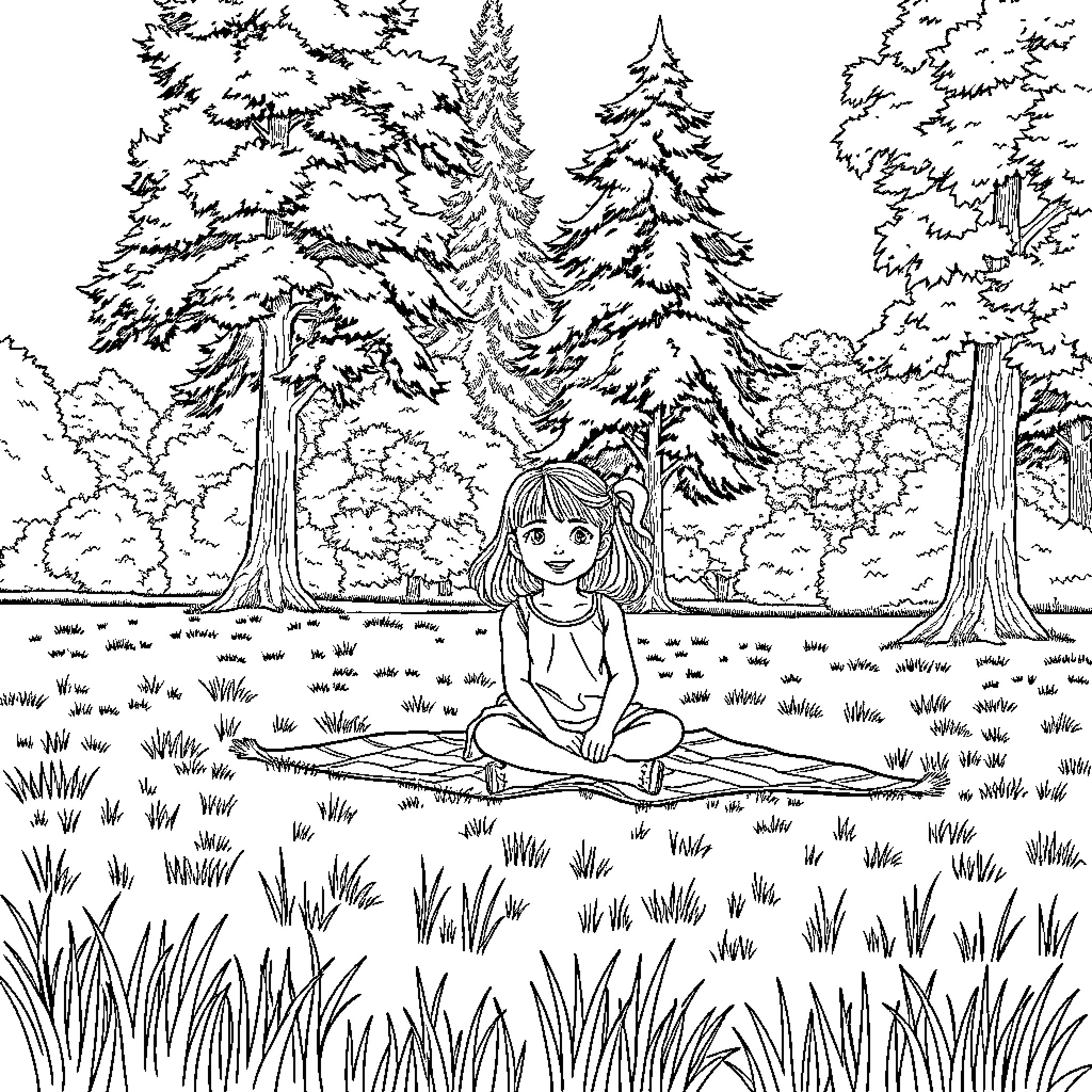 Girl enjoying nature in the forest Coloring Page (free black-and-white line drawing printable PDF for all, from beginners to advanced learners, including children, teens, adults, and seniors)