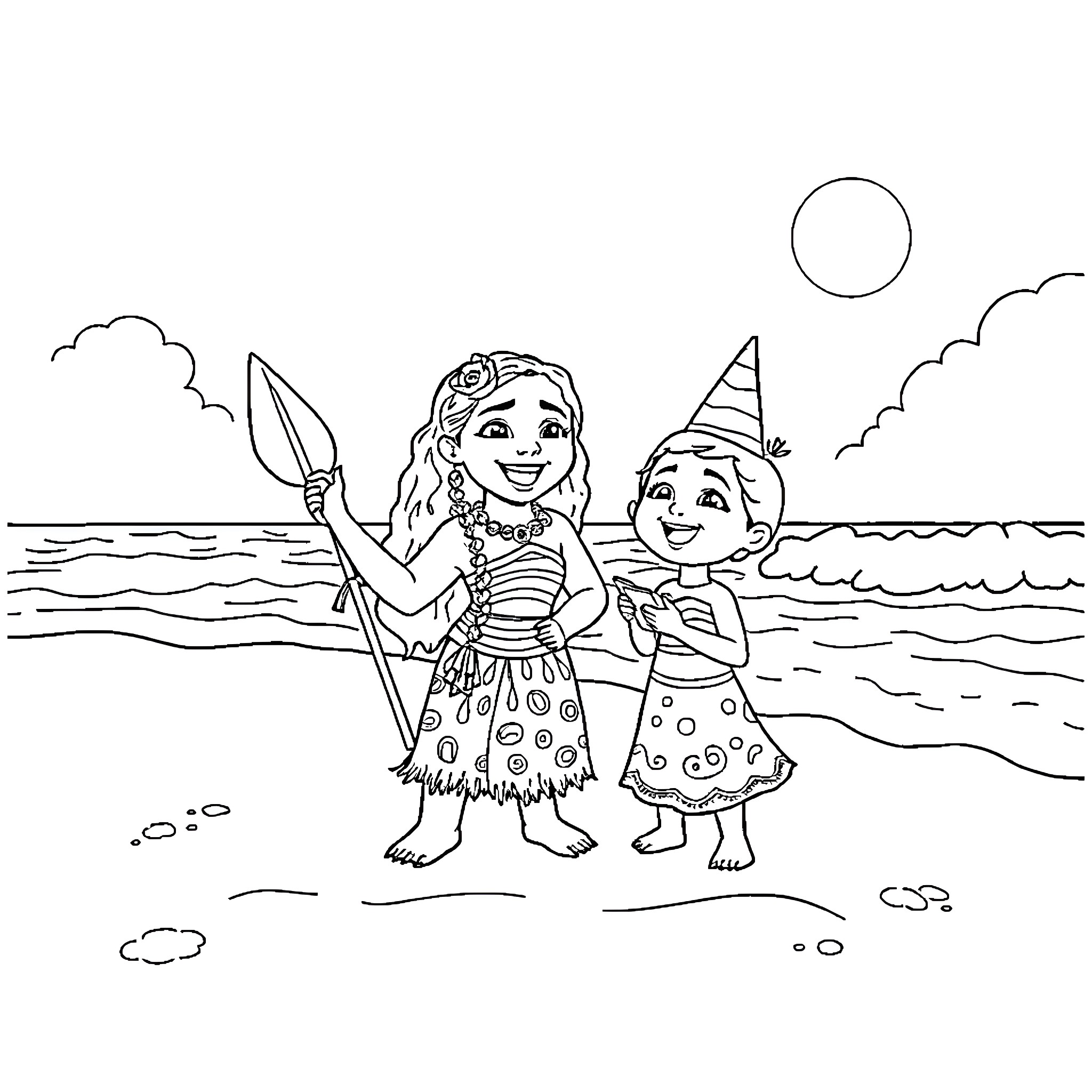 Moana and friend exploring the beach Coloring Page (free black-and-white line drawing printable PDF for all, from beginners to advanced learners, including children, teens, adults, and seniors)