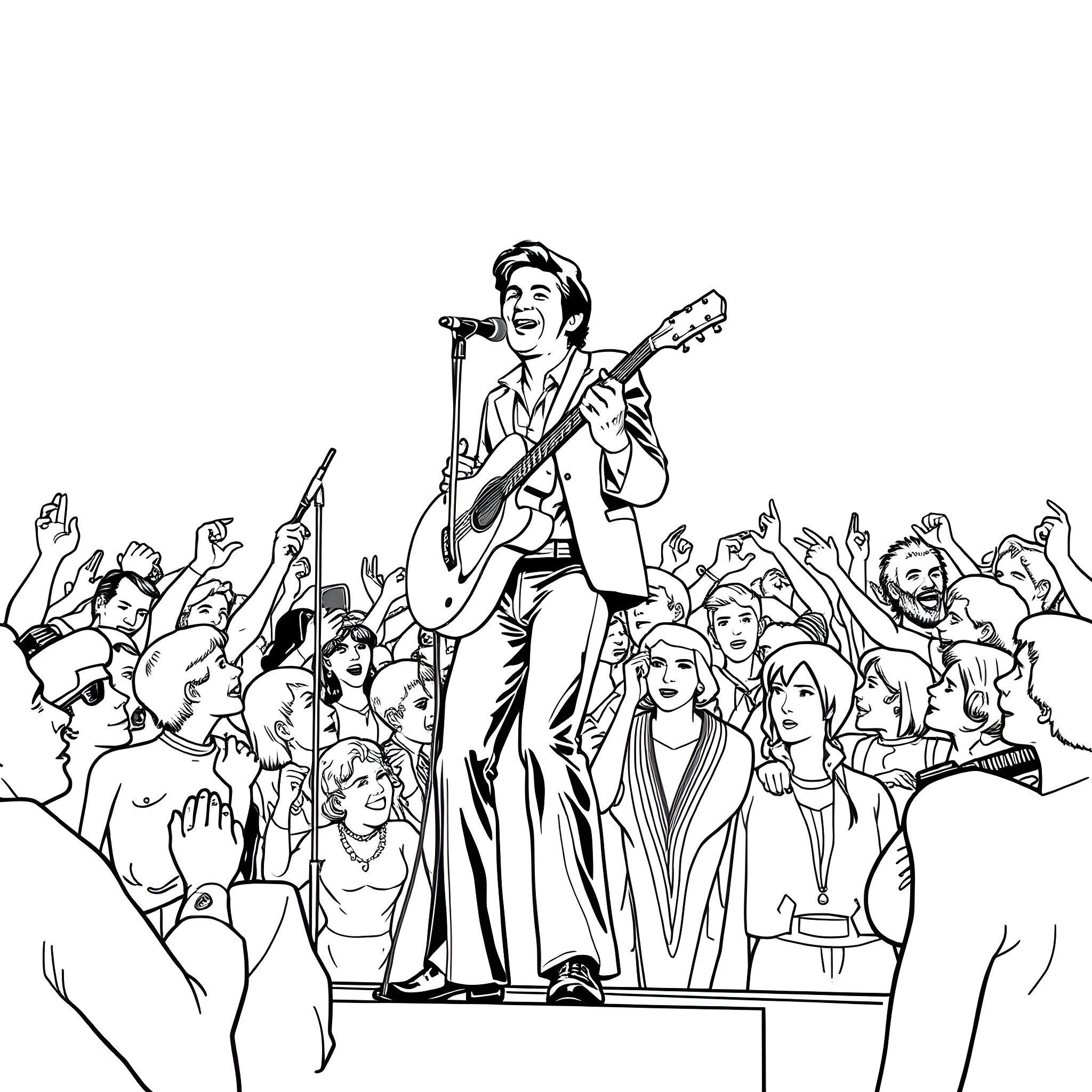 Richie Valens Performing Passionately on Stage Before Adoring Crowd Coloring Page (free black-and-white line drawing printable PDF for all, from beginners to advanced learners, including children, teens, adults, and seniors)