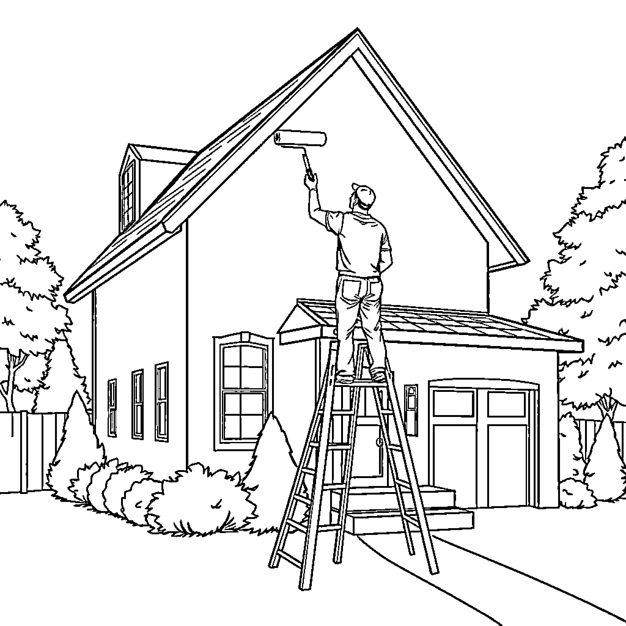 Painter working diligently on a home exterior Coloring Page (free black-and-white line drawing printable PDF for all, from beginners to advanced learners, including children, teens, adults, and seniors)
