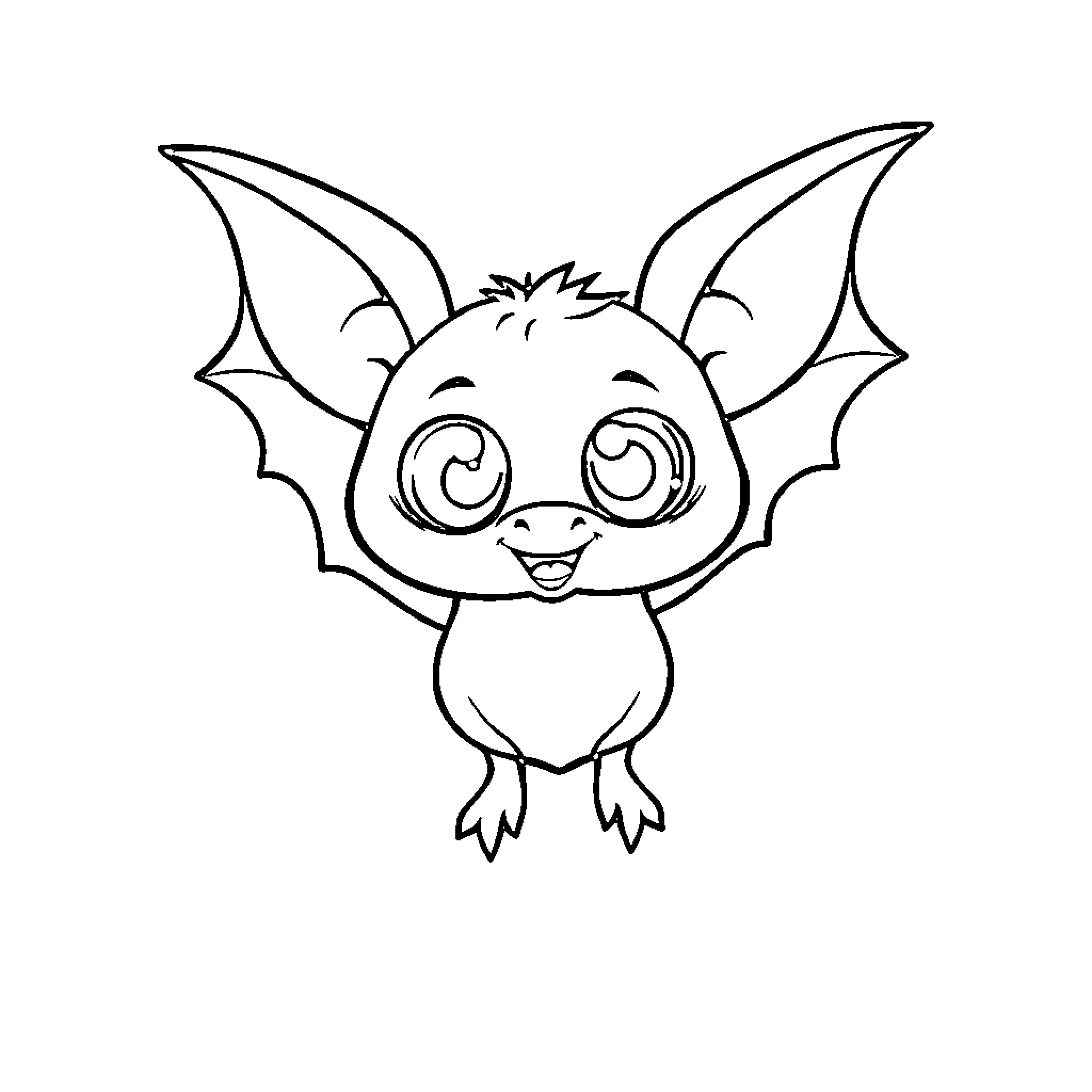 Bat creature with big eyes and wings Coloring Page (free black-and-white line drawing printable PDF for all, from beginners to advanced learners, including children, teens, adults, and seniors)