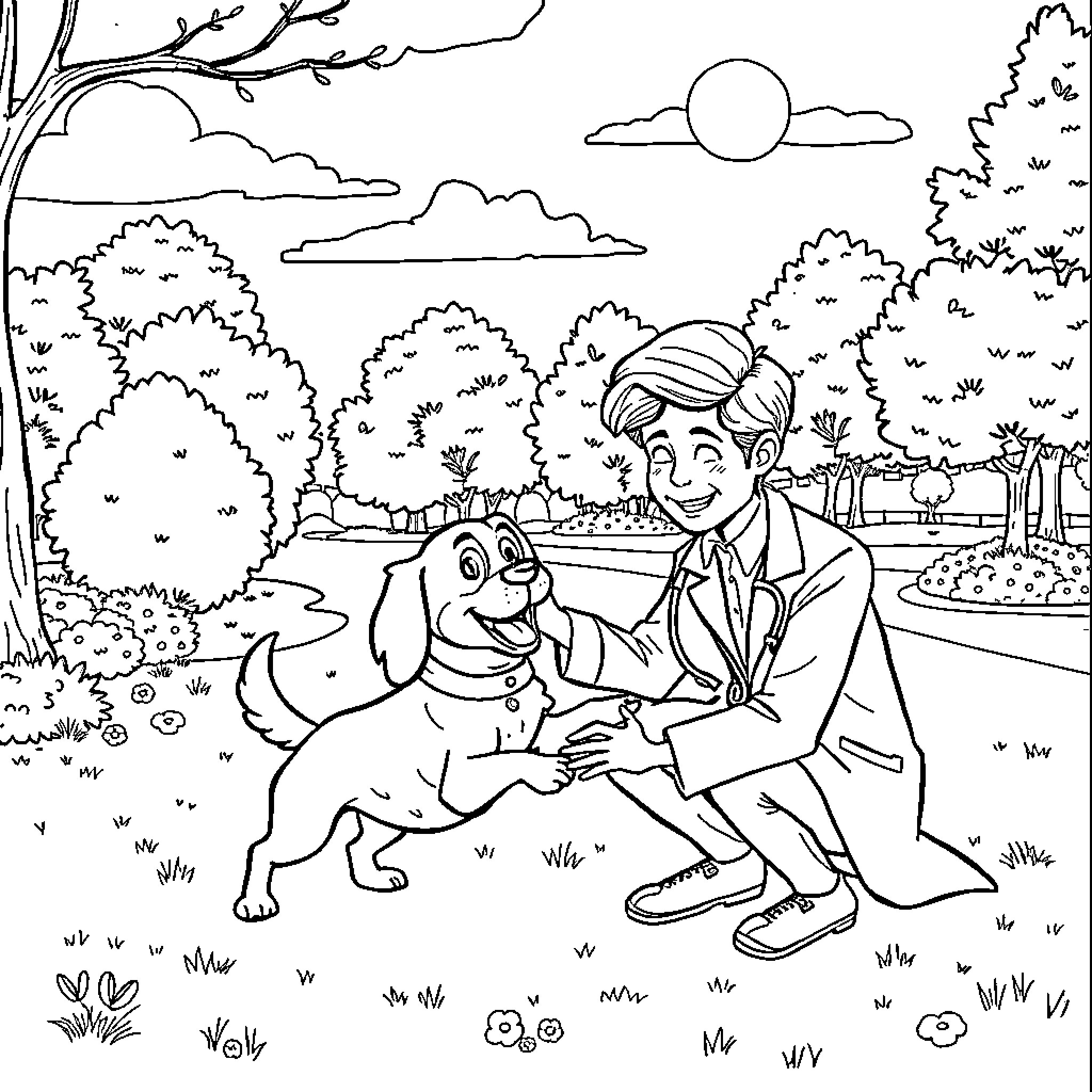Doctor playing with a happy dog in the park Coloring Page (free black-and-white line drawing printable PDF for all, from beginners to advanced learners, including children, teens, adults, and seniors)