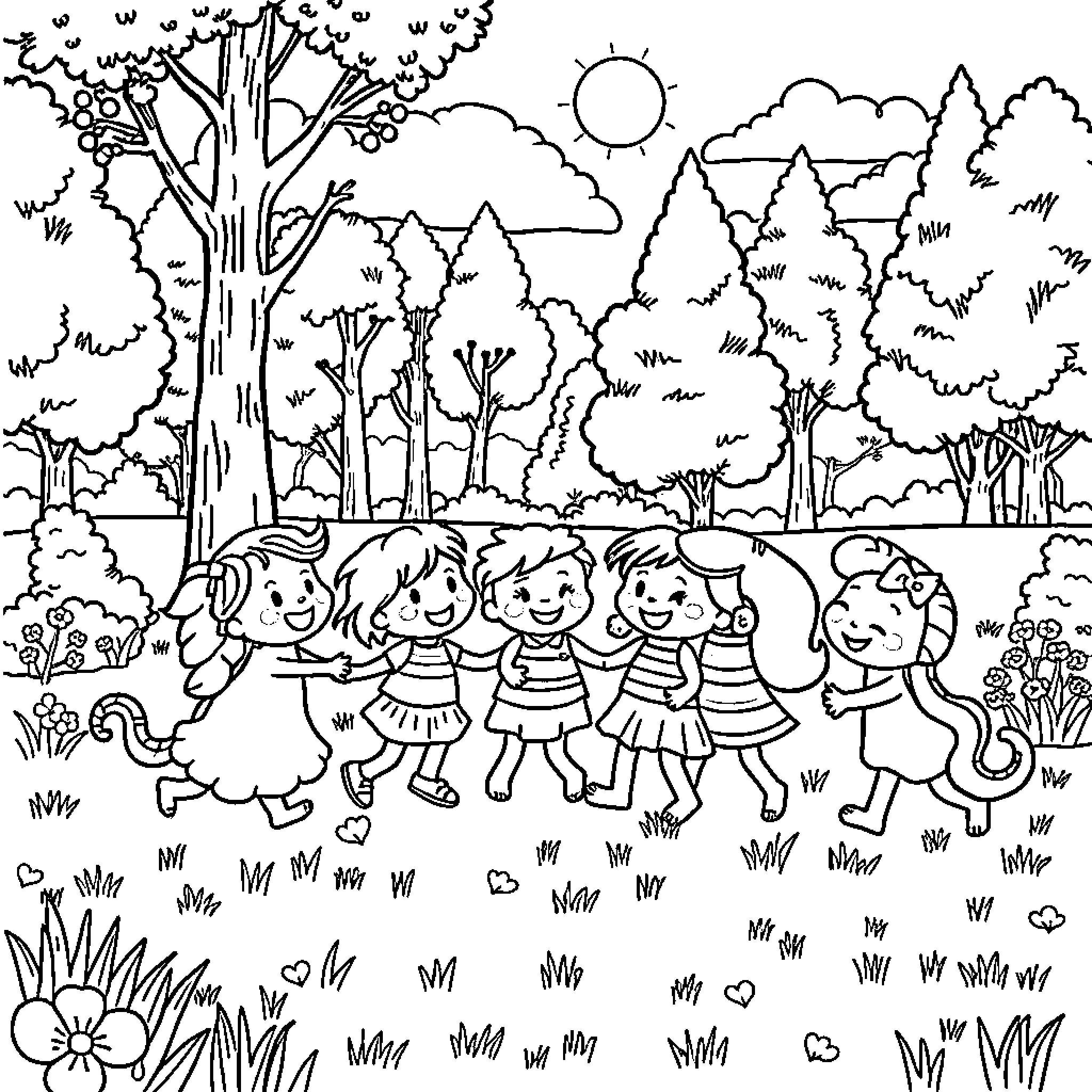 Friend's Joyful Outdoor Adventure Coloring Page (free black-and-white line drawing printable PDF for all, from beginners to advanced learners, including children, teens, adults, and seniors)