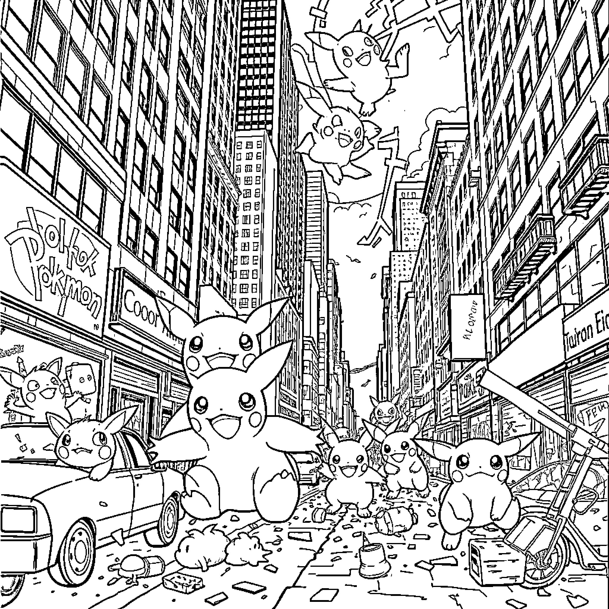 Pokémon Adventure in the City Streets Coloring Page (free black-and-white line drawing printable PDF for all, from beginners to advanced learners, including children, teens, adults, and seniors)