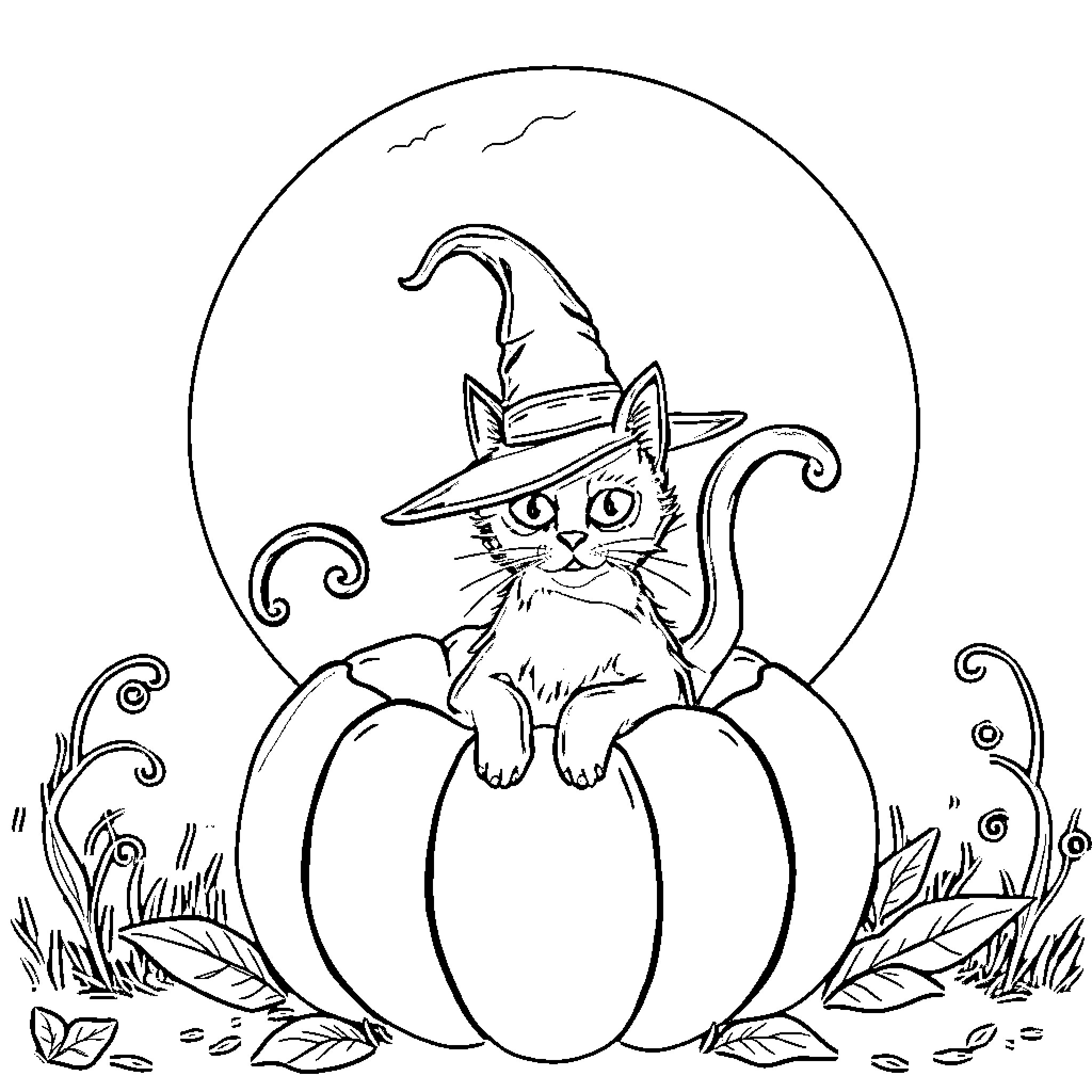 Cat in witch hat sitting on pumpkin Coloring Page (free black-and-white line drawing printable PDF for all, from beginners to advanced learners, including children, teens, adults, and seniors)