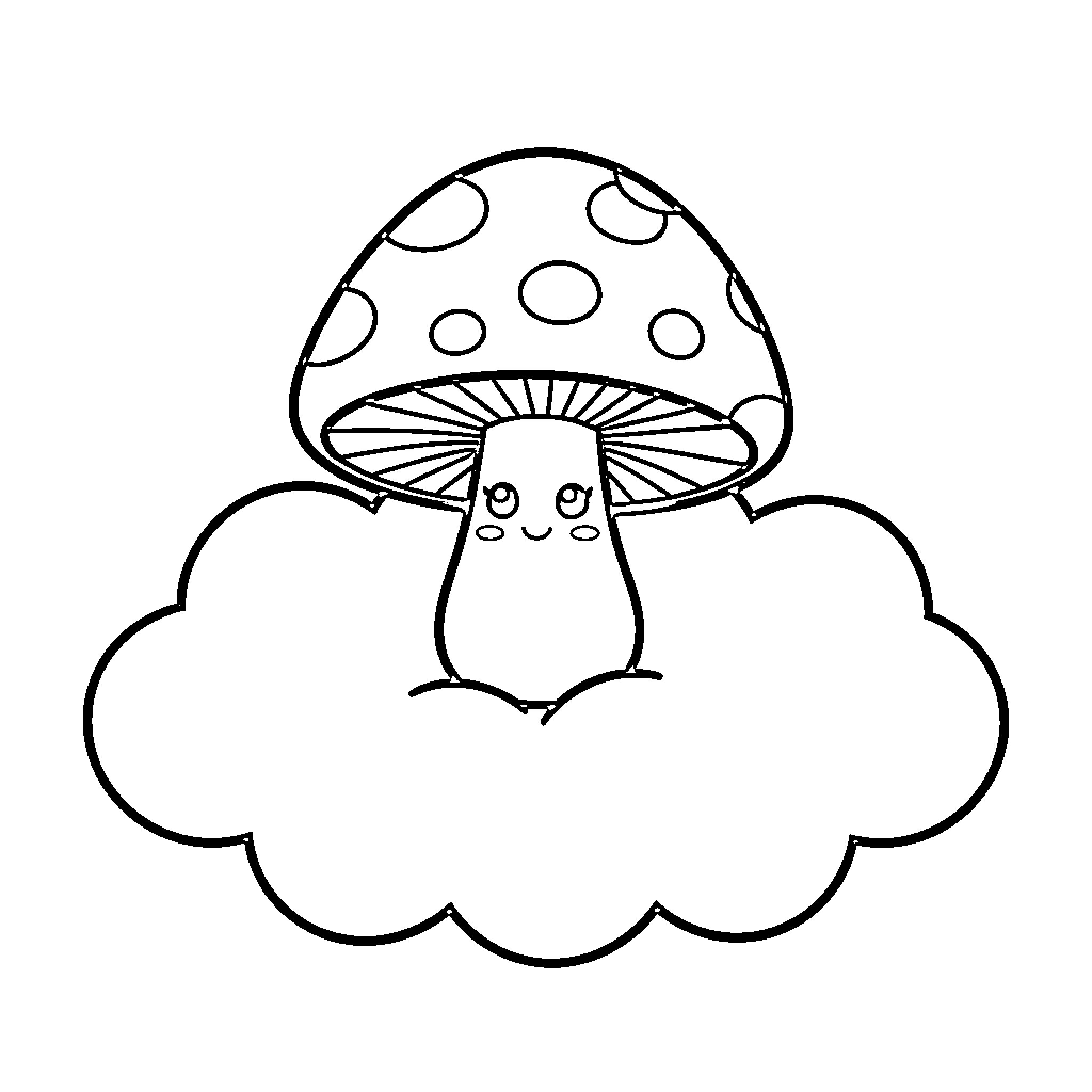 Mushroom character smiling while sitting on a cloud Coloring Page (free black-and-white line drawing printable PDF for all, from beginners to advanced learners, including children, teens, adults, and seniors)