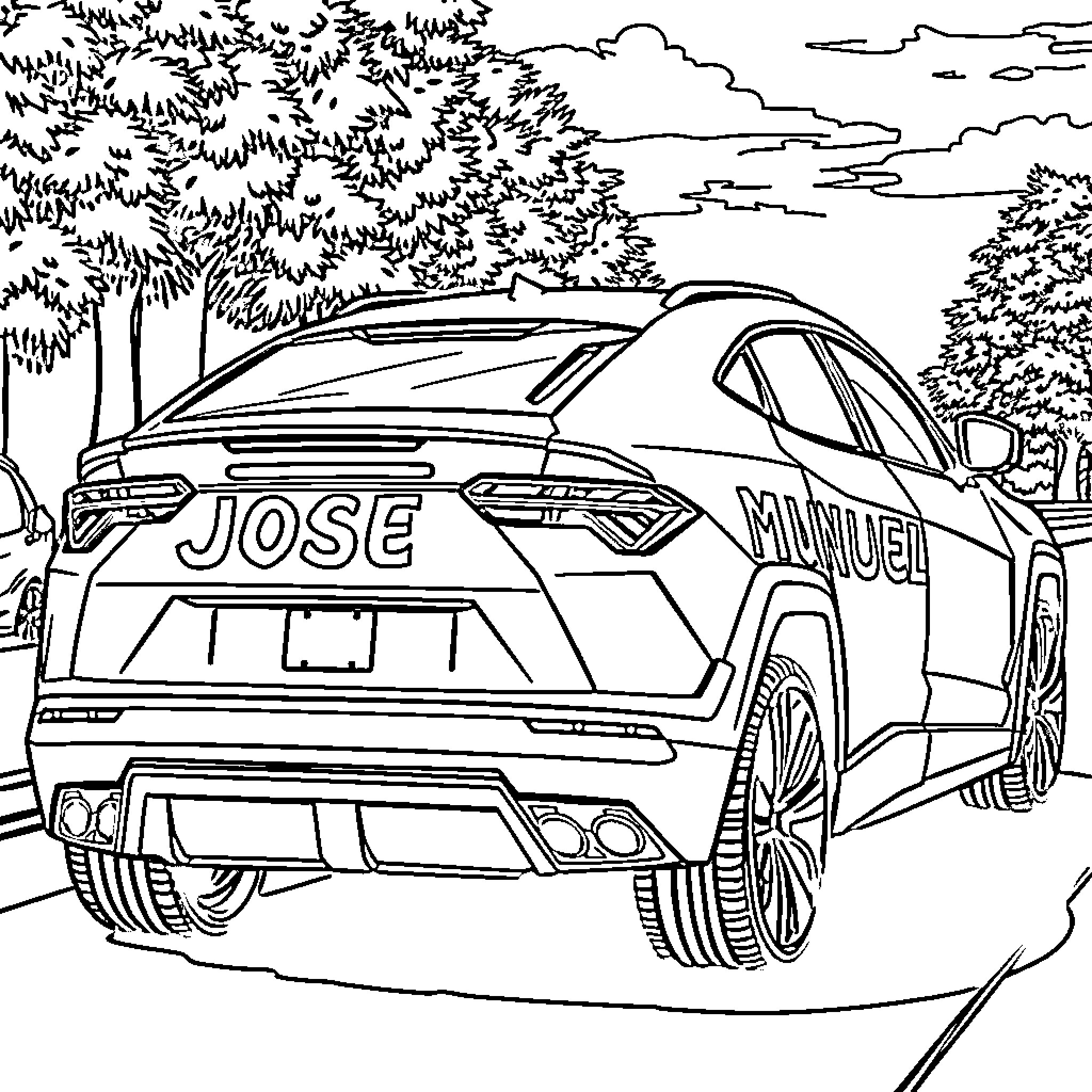 Lamborghini race car in forest landscape Coloring Page (free black-and-white line drawing printable PDF for all, from beginners to advanced learners, including children, teens, adults, and seniors)