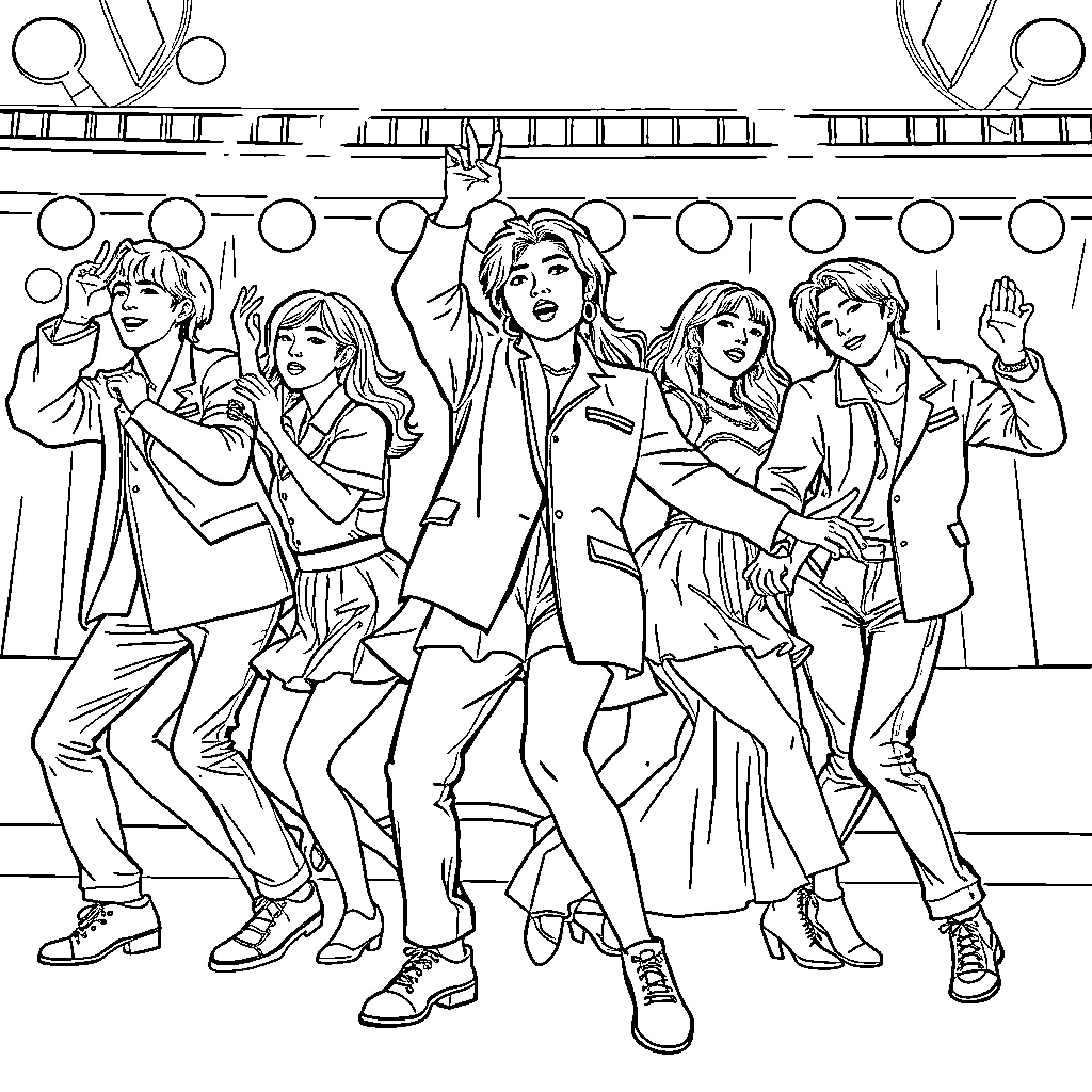 Kpop Group Performing with Excitement and Energy Coloring Page (free black-and-white line drawing printable PDF for all, from beginners to advanced learners, including children, teens, adults, and seniors)