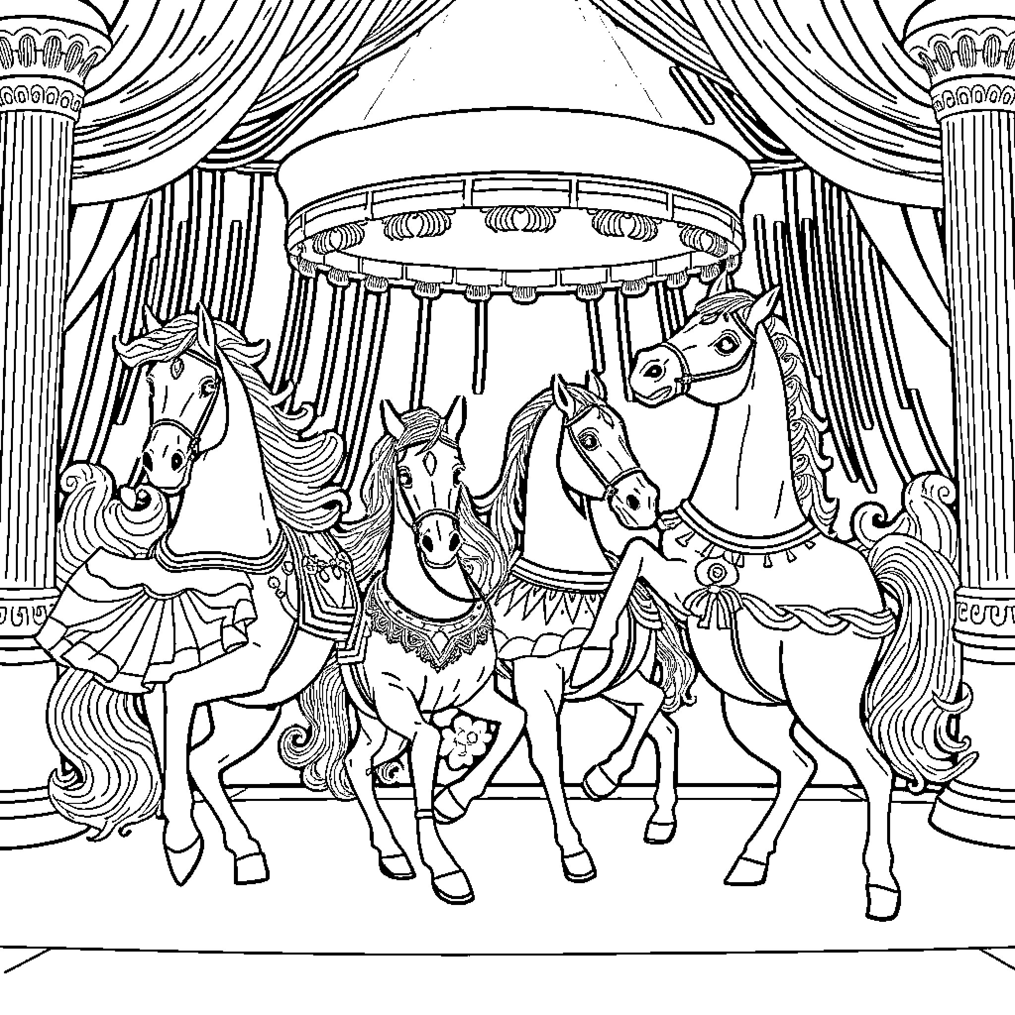 Horse Carousel Ride at the Circus Coloring Page (free black-and-white line drawing printable PDF for all, from beginners to advanced learners, including children, teens, adults, and seniors)