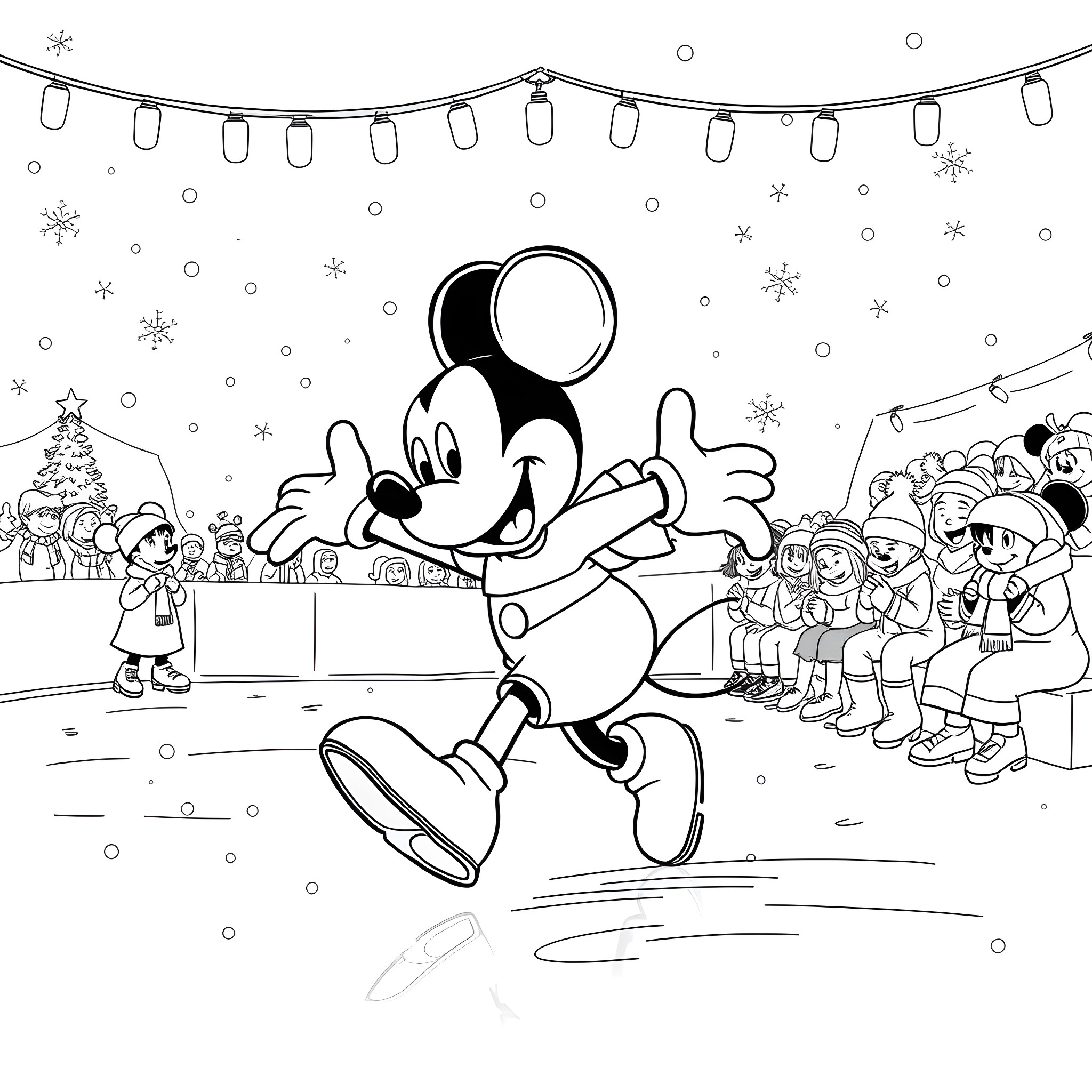 Mickey Mouse celebrating the holidays with friends Coloring Page (free black-and-white line drawing printable PDF for all, from beginners to advanced learners, including children, teens, adults, and seniors)