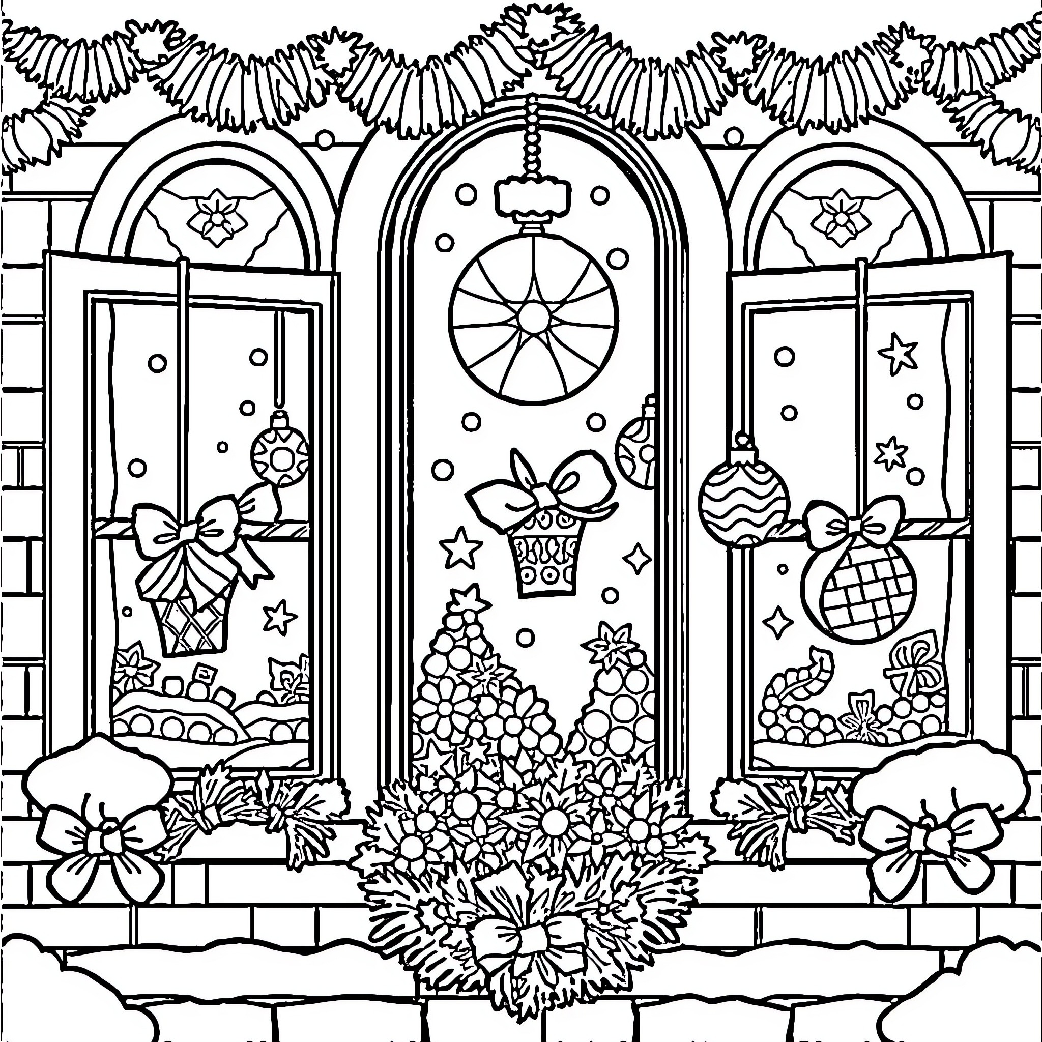 Christmas Decoration with Festive Ornaments and Bows Coloring Page (free black-and-white line drawing printable PDF for all, from beginners to advanced learners, including children, teens, adults, and seniors)