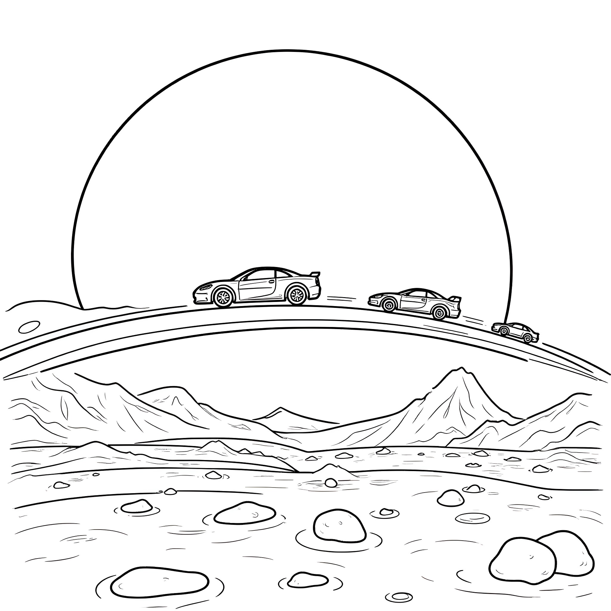 Car racing on the desert road with mountains Coloring Page (free black-and-white line drawing printable PDF for all, from beginners to advanced learners, including children, teens, adults, and seniors)