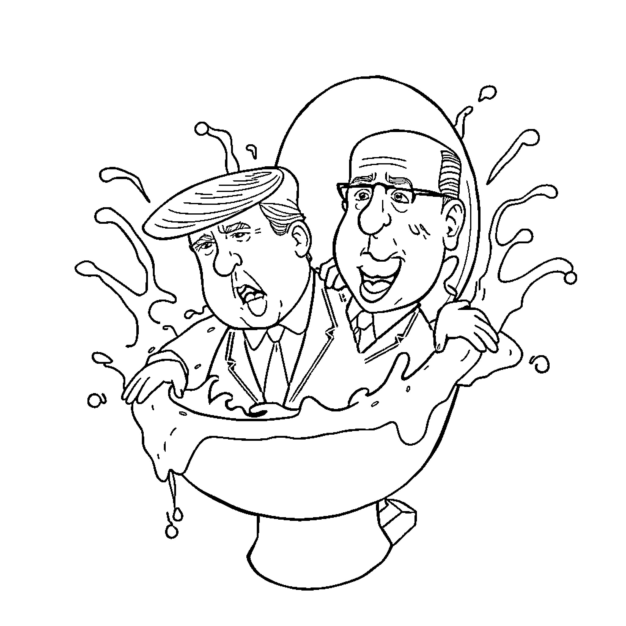 Trump splashing in a puddle with an exaggerated expression Coloring Page (free black-and-white line drawing printable PDF for all, from beginners to advanced learners, including children, teens, adults, and seniors)