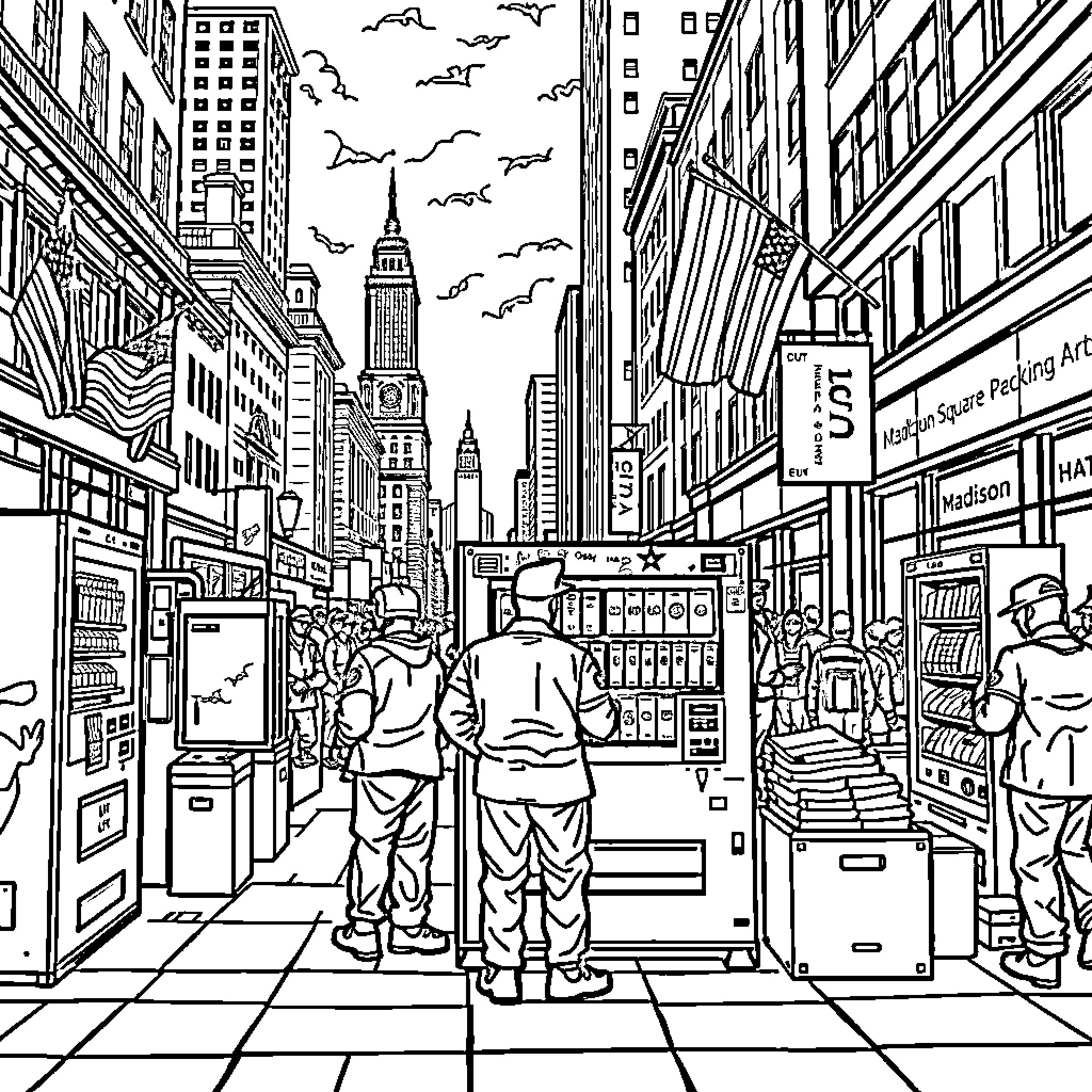 Vending Machines in a Bustling City Street Coloring Page (free black-and-white line drawing printable PDF for all, from beginners to advanced learners, including children, teens, adults, and seniors)