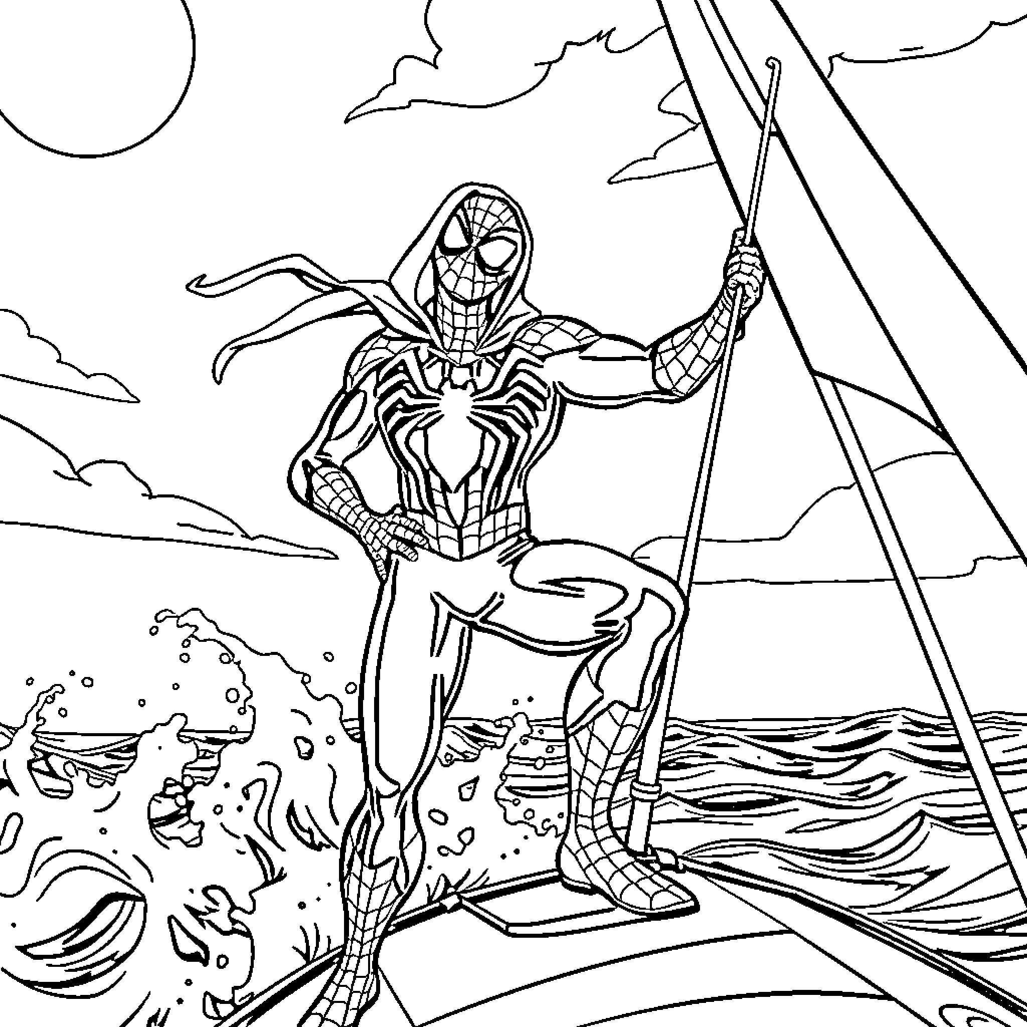 Spider-Man swinging over the waves in an action pose Coloring Page (free black-and-white line drawing printable PDF for all, from beginners to advanced learners, including children, teens, adults, and seniors)