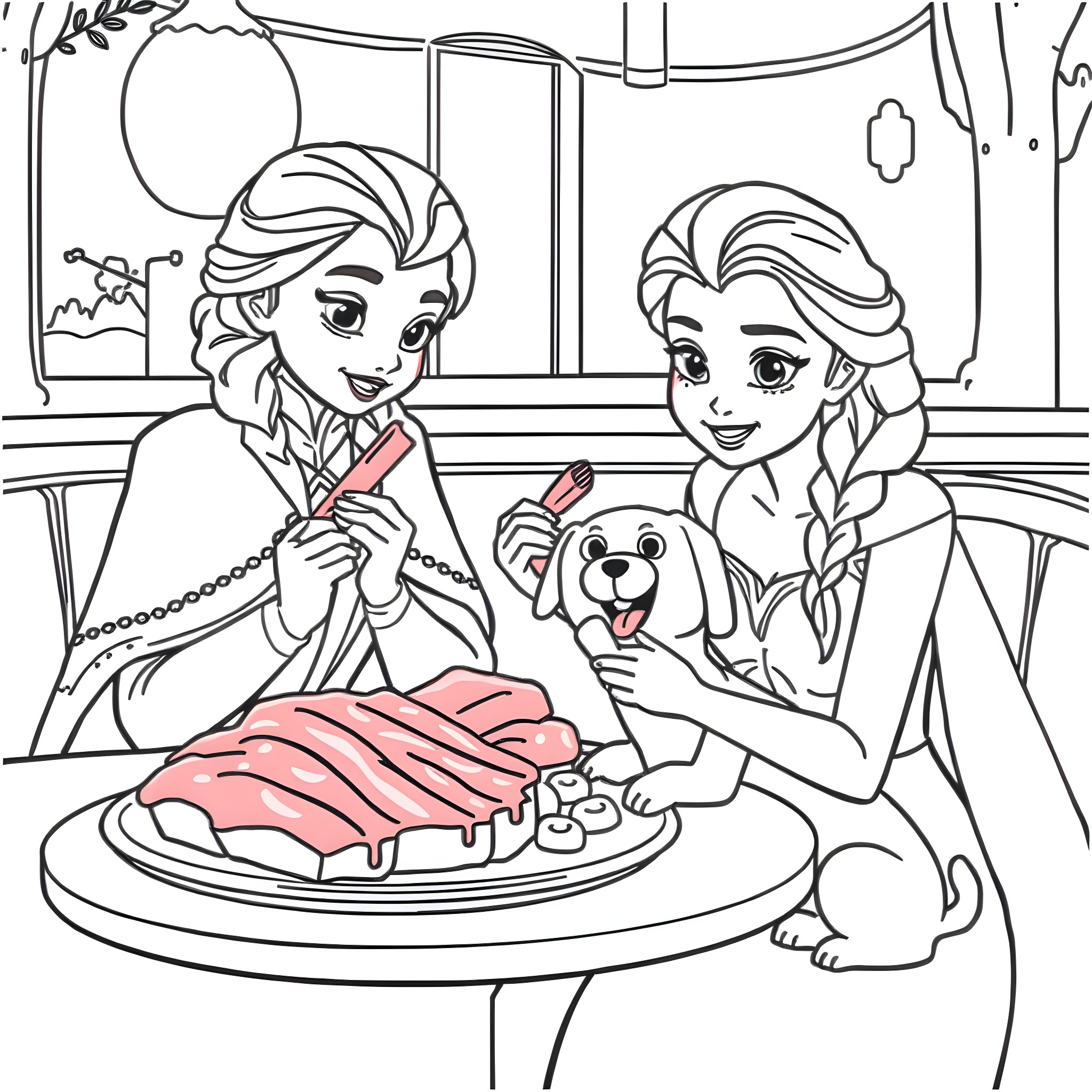 Elsa and Anna enjoying a snack together Coloring Page (free black-and-white line drawing printable PDF for all, from beginners to advanced learners, including children, teens, adults, and seniors)