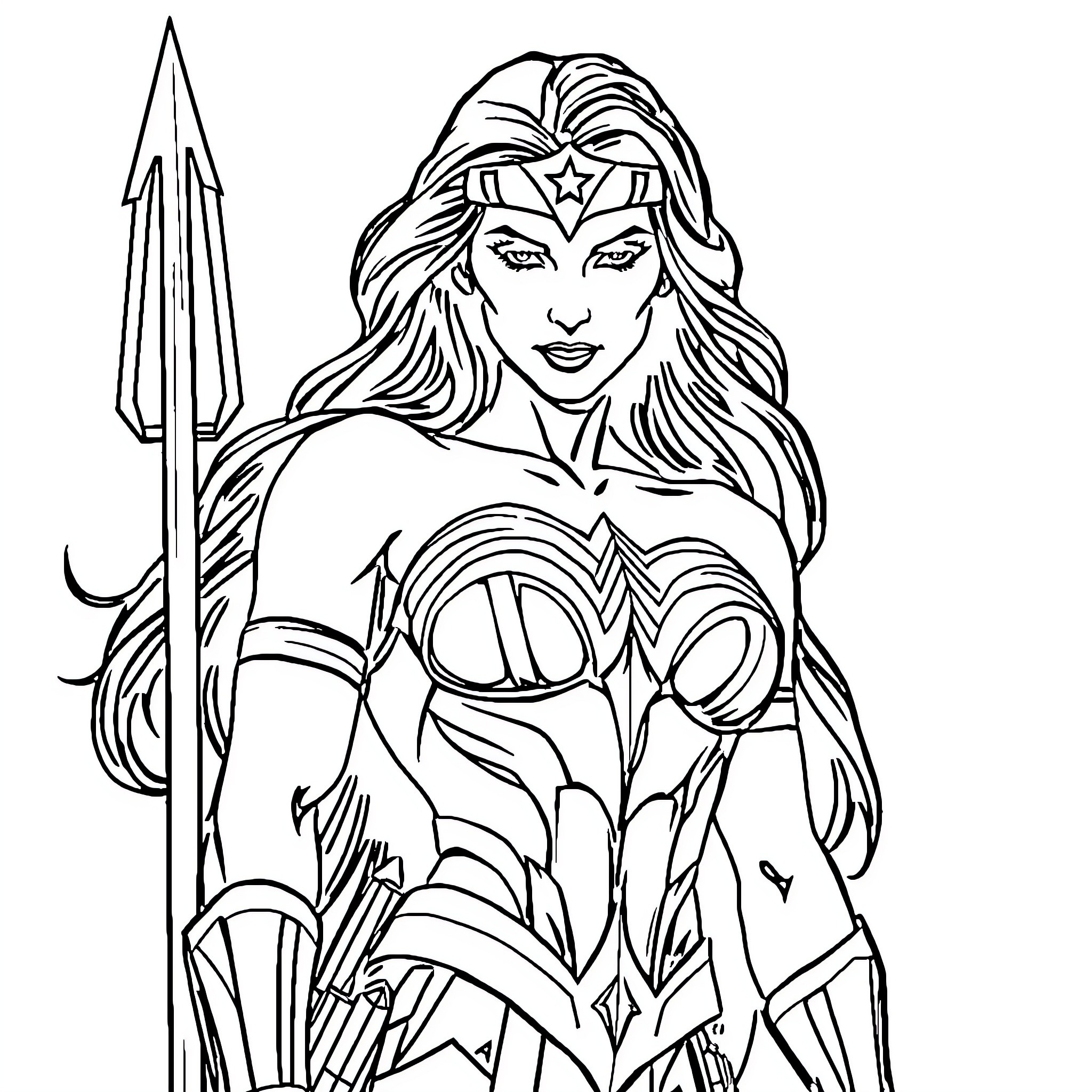 Wonder Woman in heroic stance with spear Coloring Page (free black-and-white line drawing printable PDF for all, from beginners to advanced learners, including children, teens, adults, and seniors)