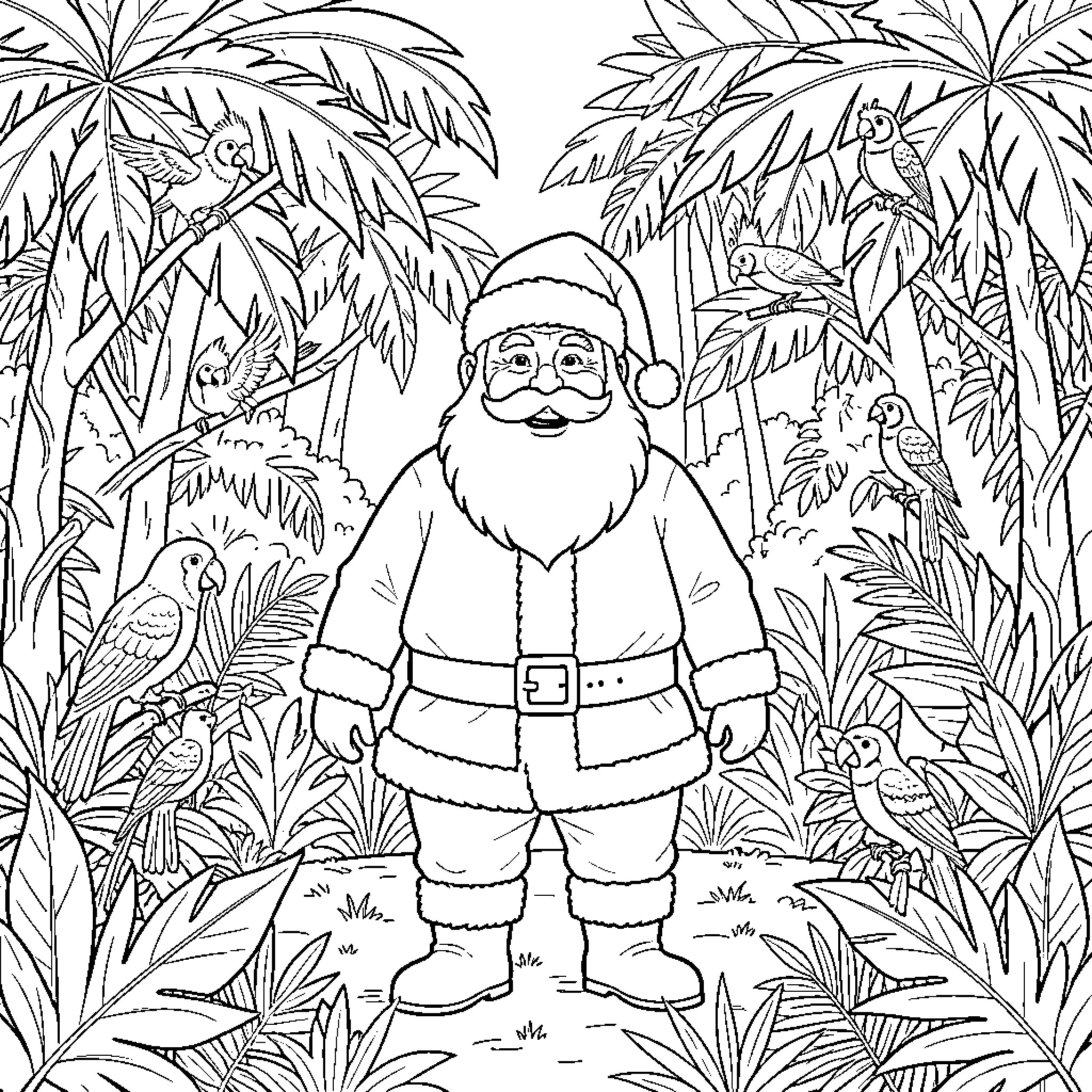 Santa Claus amid tropical foliage and wildlife Coloring Page (free black-and-white line drawing printable PDF for all, from beginners to advanced learners, including children, teens, adults, and seniors)