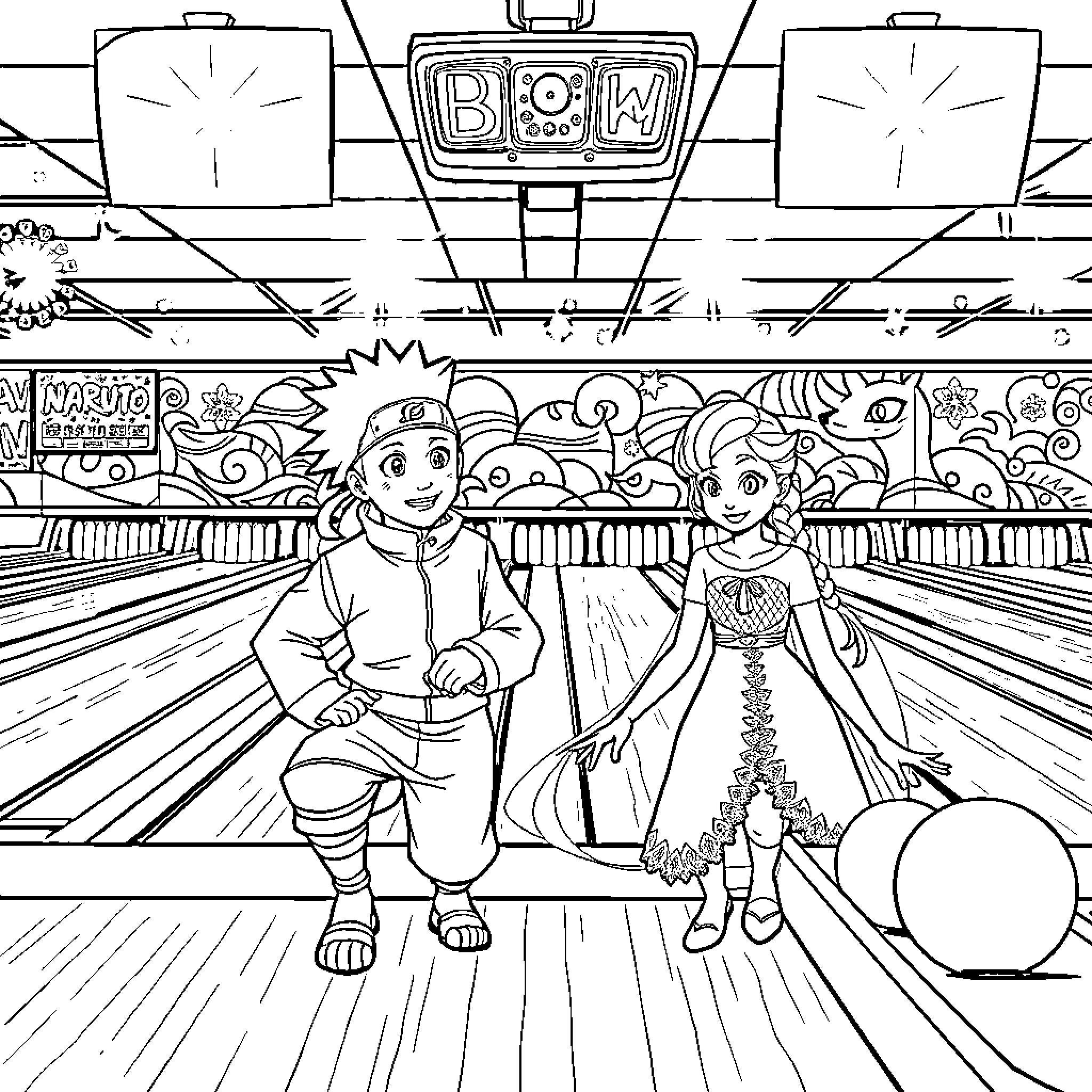 Naruto Characters Bowling Adventure Coloring Page (free black-and-white line drawing printable PDF for all, from beginners to advanced learners, including children, teens, adults, and seniors)